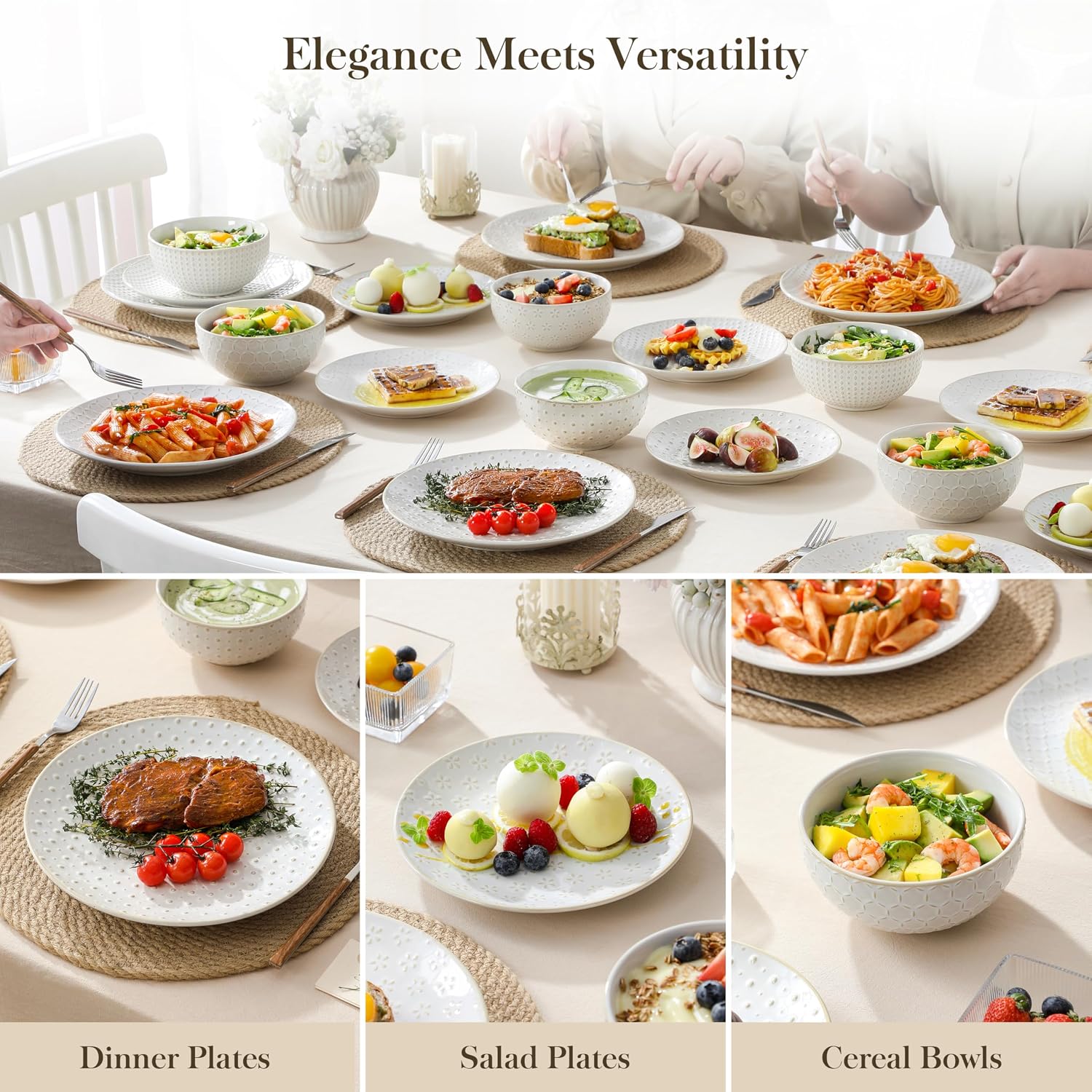 Thumbnail 5 de MALACASA 24-Piece Dinnerware Set for 8 — Embossed High- fired Ceramic Stoneware for Everyday & Entertaining