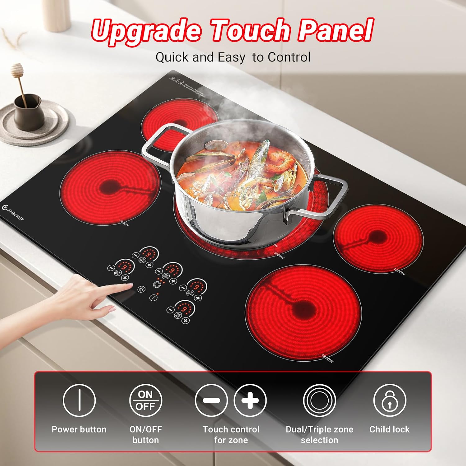 Detalle 2 de AMZCHEF SK-90HLA30 30-Inch Electric Cooktop, 5 Burners, 9 Power Levels