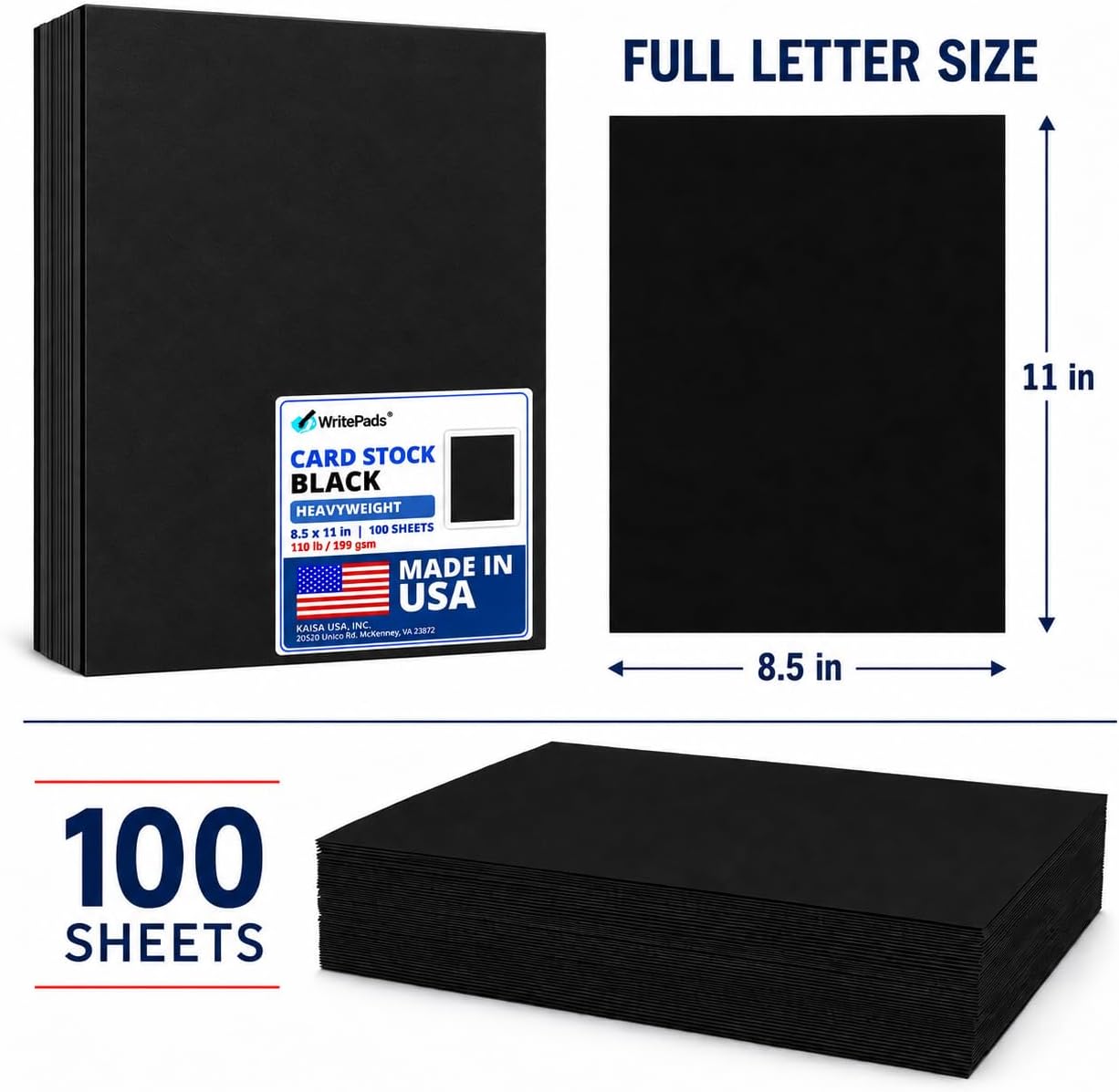 Detalle de KAISA KSU-73835 Black Cardstock, 110 lb, 199 gsm, 8.5 x 11 in, 100 Sheets