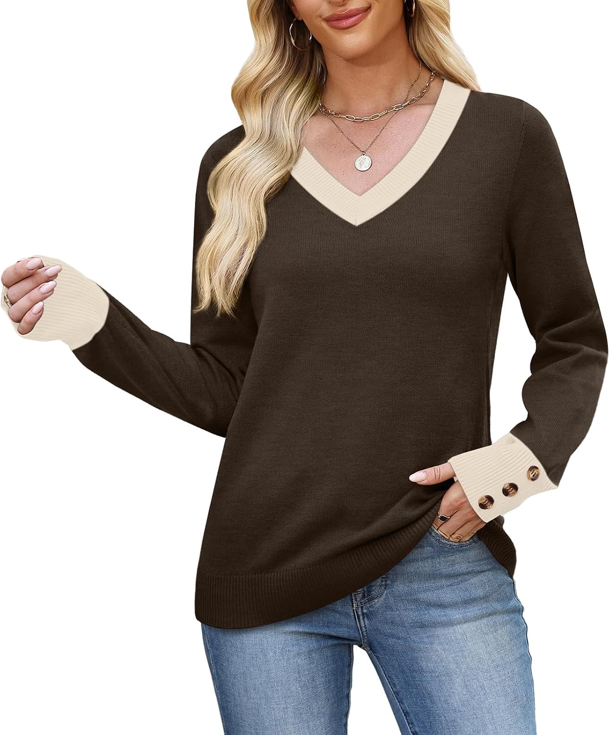 Thumbnail 4 de WIHOLL Lightweight Women's V-Neck Sweater with Relaxed Fit and Button Cuffs