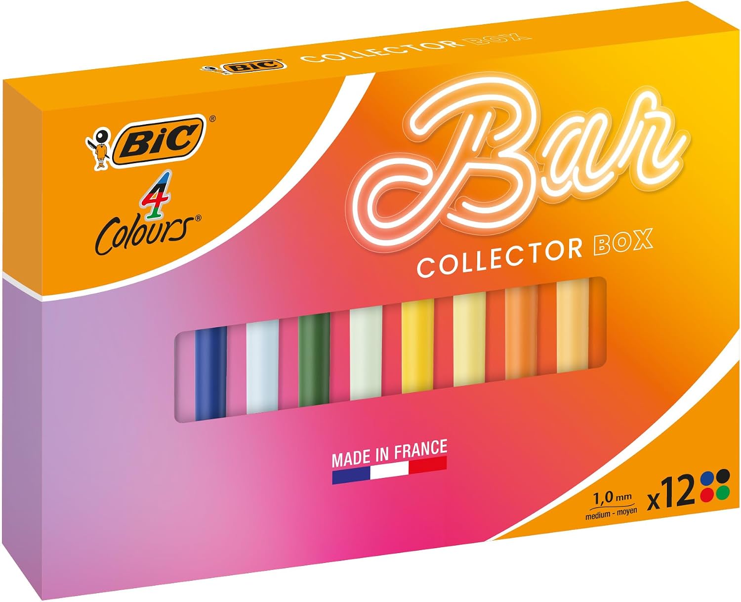 Detalle de BIC 4 Couleurs Le Bar à Couleurs – Coffret 12 Stylos-Bille Rétractables à Pointe Moyenne (1,0 mm) Corps Uni, Couleurs Assorties
