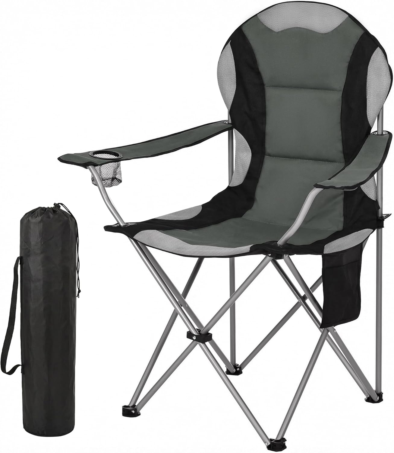 Detalle de ROPODA Campingstuhl Faltbar – Hochlehner, Armlehnen, Getränkehalter, Seitentasche, 150 kg Tragkraft, Grau