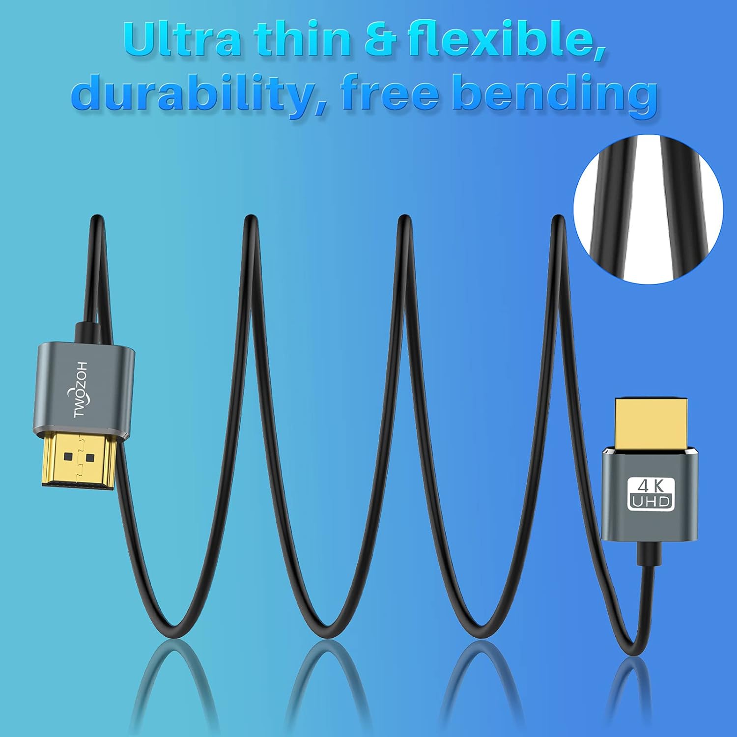 Detalle de Twozoh Câble HDMI ultra fin 3M – Lot de 2, haute vitesse 4K@60Hz