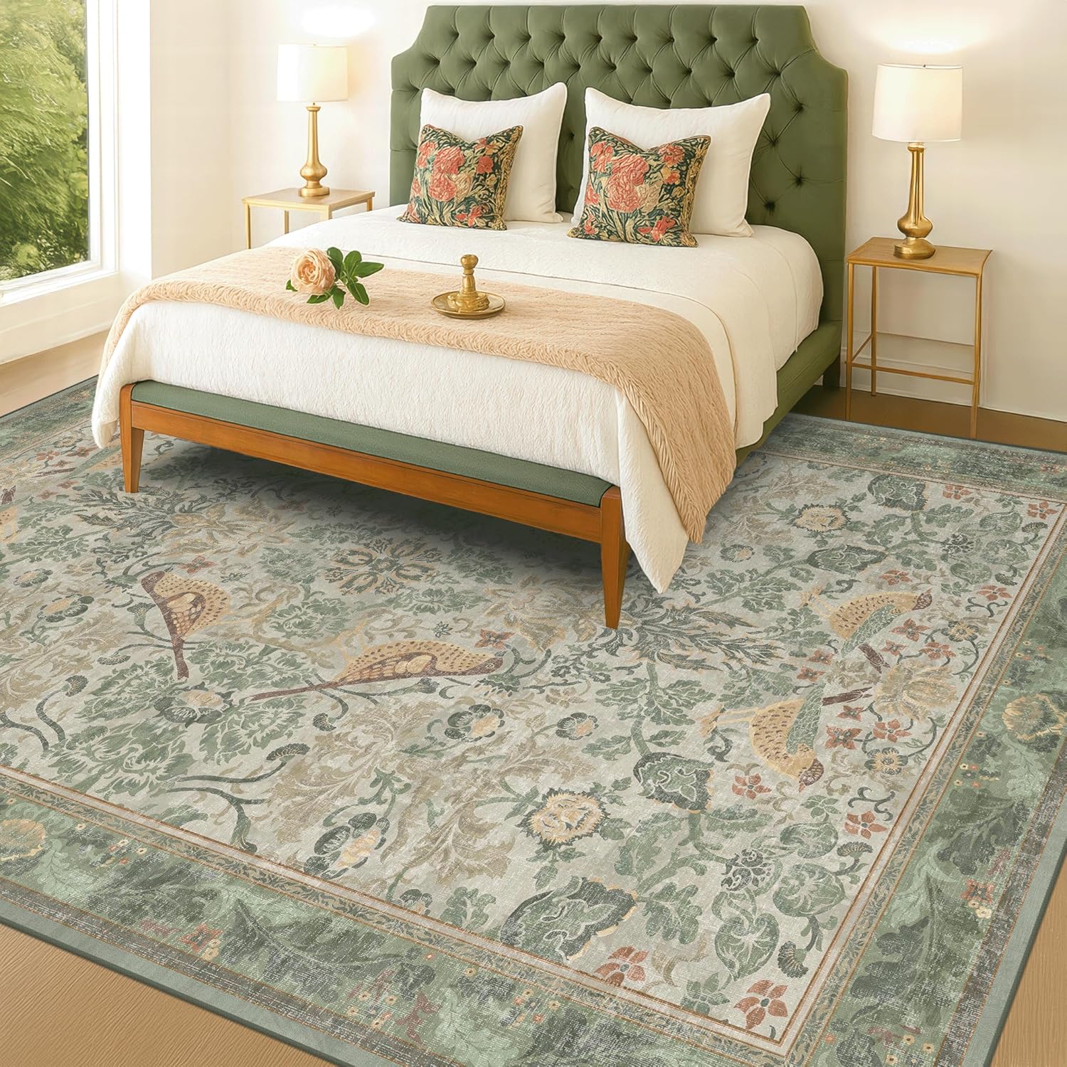 Thumbnail 5 de Floral Washable Large Rugs 10x14 in Sage Green (Soft Non-Skid Low Pile, Machine Washable Indoor Area Rug)