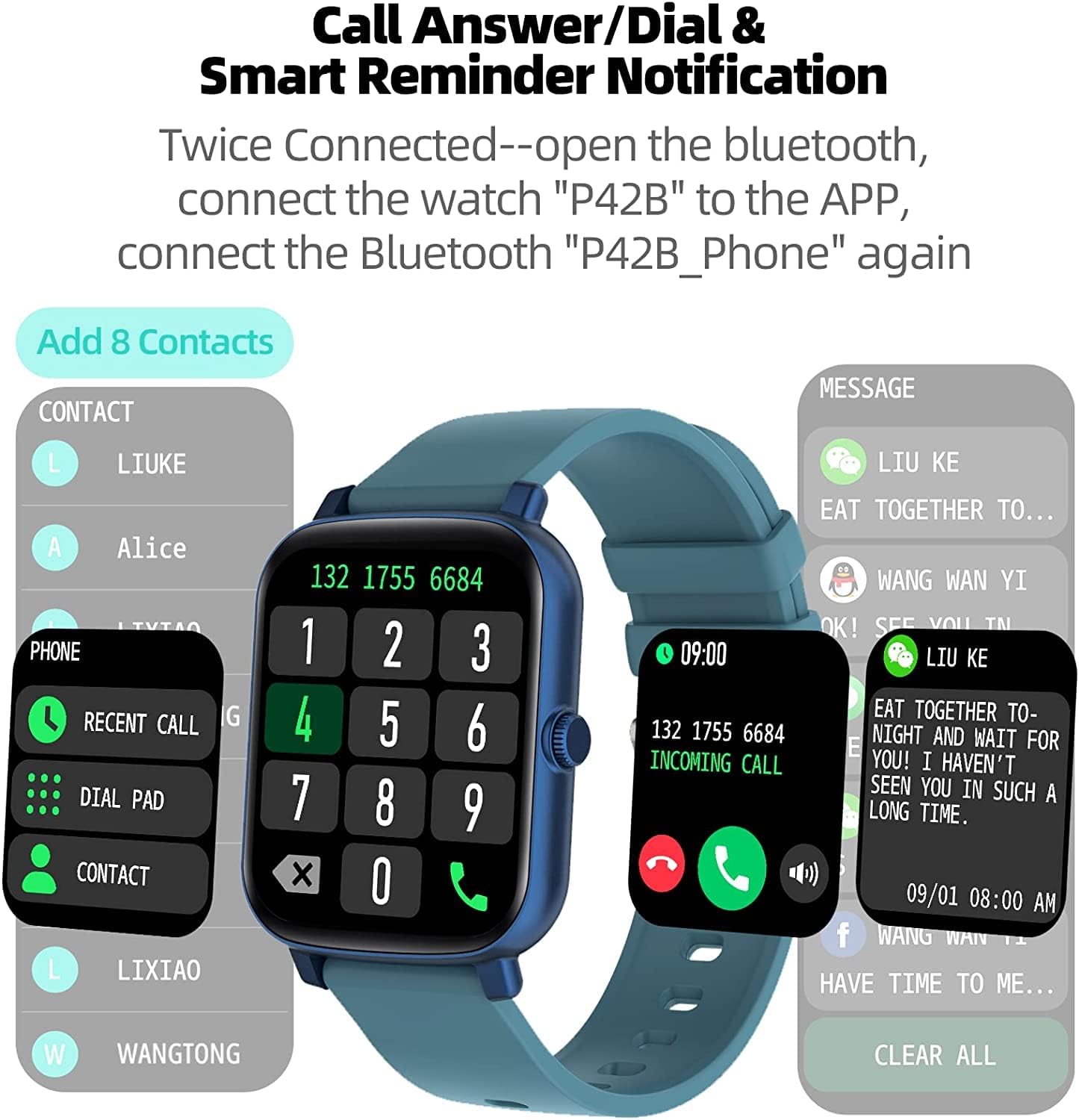 Detalle de FirYawee 1.7-inch Touchscreen Smart Watch (Blue) with heart rate, SpO2 and call notifications