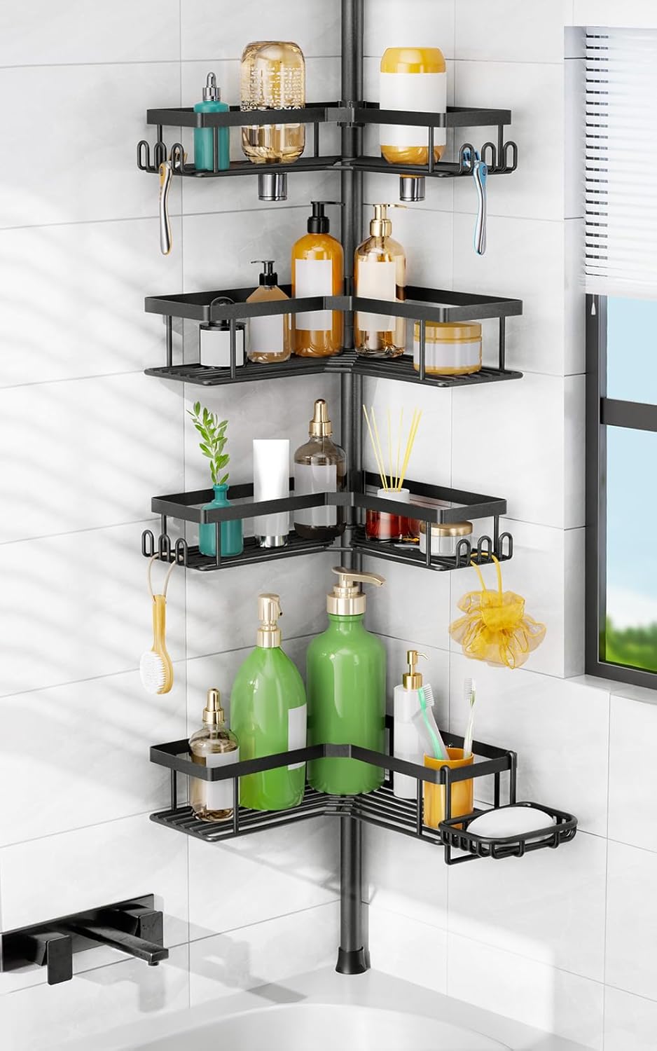 HAMITOR Shower Caddy Tension Pole: 4-Tier Corner Rustproof Organizer (No-Drill, 47.71"–123.6" Adjustable) for Renters