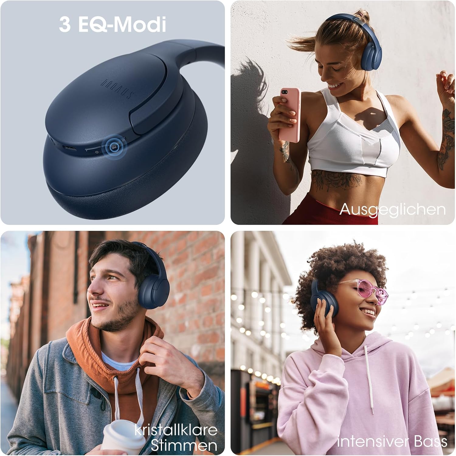 Detalle de DOQAUS Kopfhörer Kabellos Bluetooth Over‑Ear – Bis zu 90 Stunden Laufzeit, 3 EQ‑Modi, BT 5.3, Marineblau