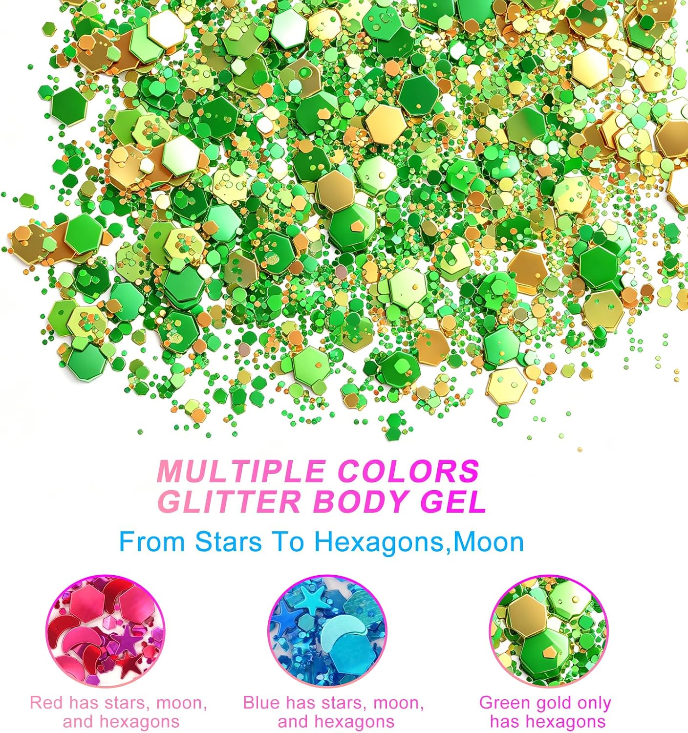 Detalle de Bwhrmt Green Body & Face Glitter Gel, 18 ml x 2, Self-Adhesive Holographic
