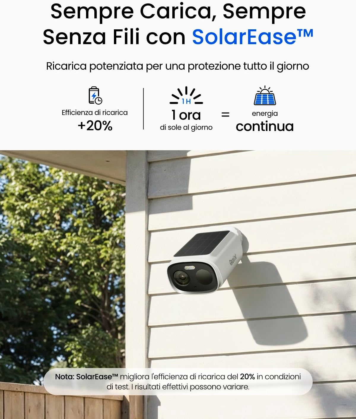 Detalle de Reolink Argus Solar 3K 5MP: telecamera solare Wi‑Fi esterna con rilevamento AI, archiviazione locale e audio a due vie