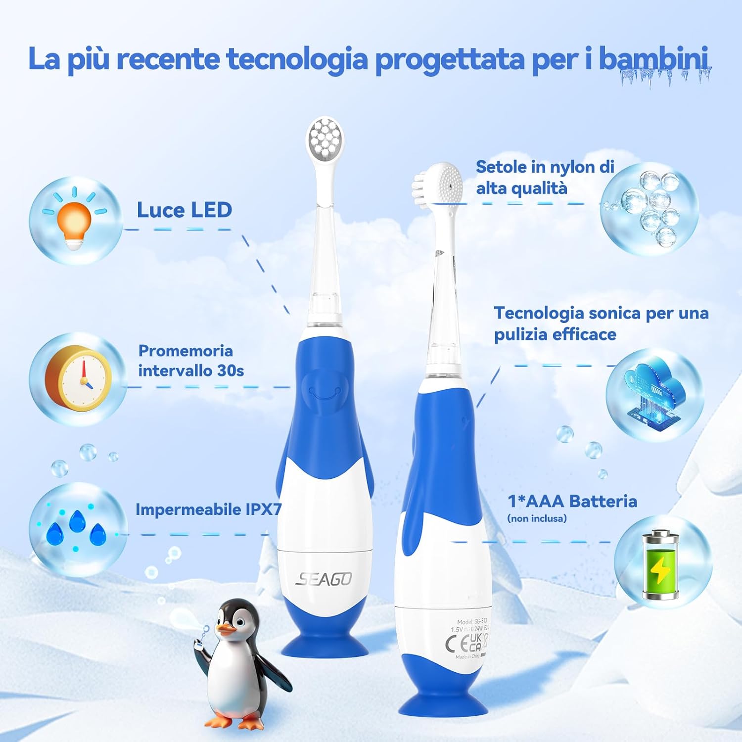 Detalle de Seago Spazzolino elettrico per bambini con design a pinguino, luce LED, timer 2 minuti e testina morbida (con spazzolino di ricambio) – IPX7