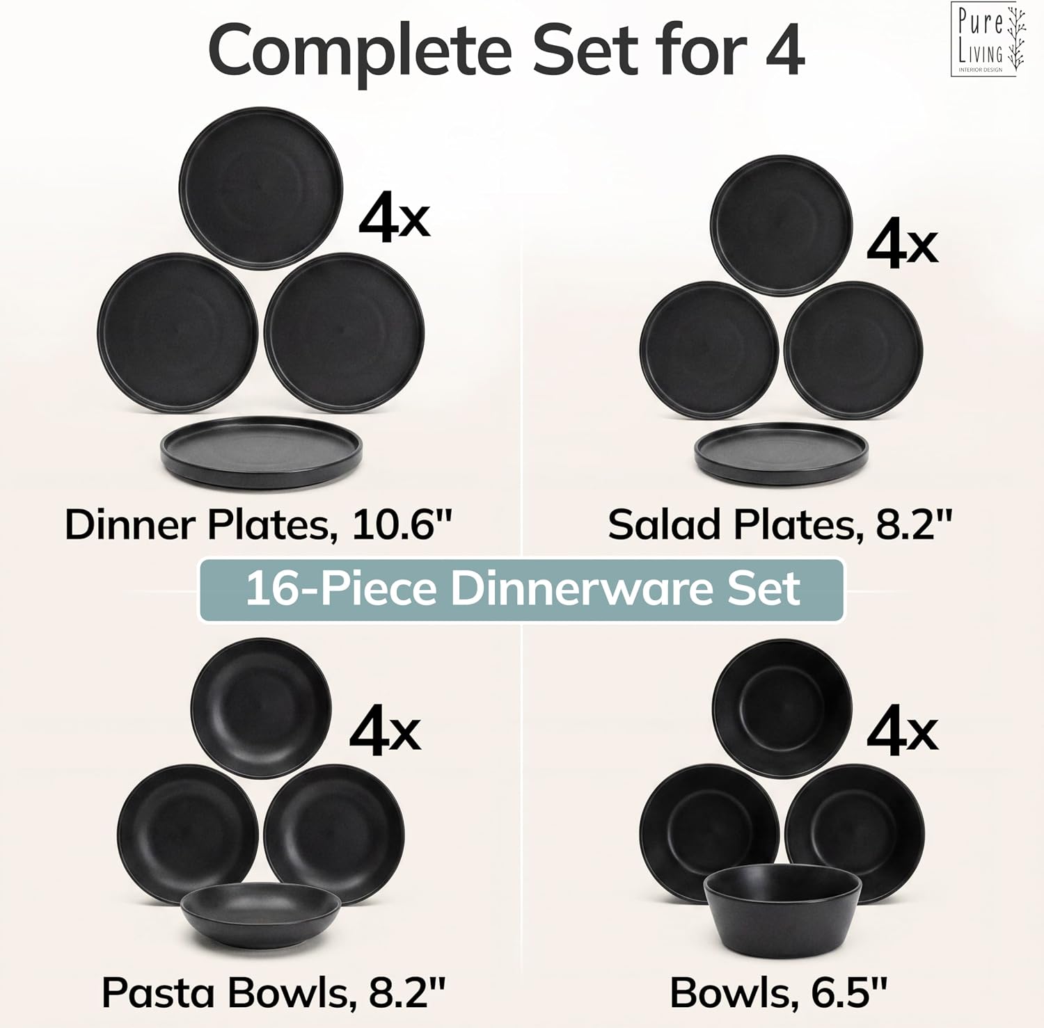 Thumbnail 5 de Pure Living Stoneware 16‑Piece Dinnerware Set for 4 🍽