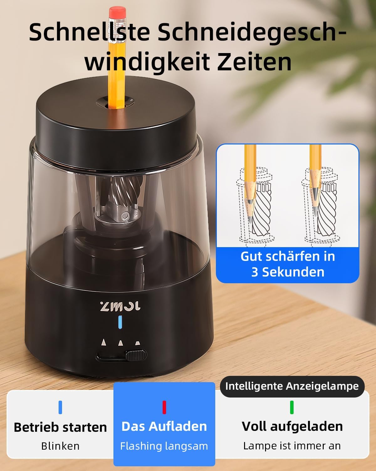 Detalle de ZMOL Elektrischer Bleistiftspitzer für Kinder – USB-C, Auto-Stopp, 6–8 mm, Schwarz