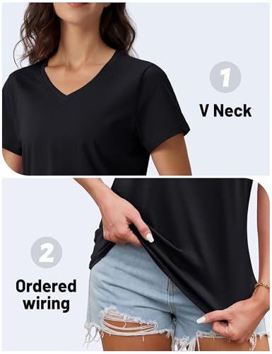 Detalle de TACVASEN Camiseta de Manga Corta para Mujer en Algodón, Cuello Pico, Color Negro, XXL