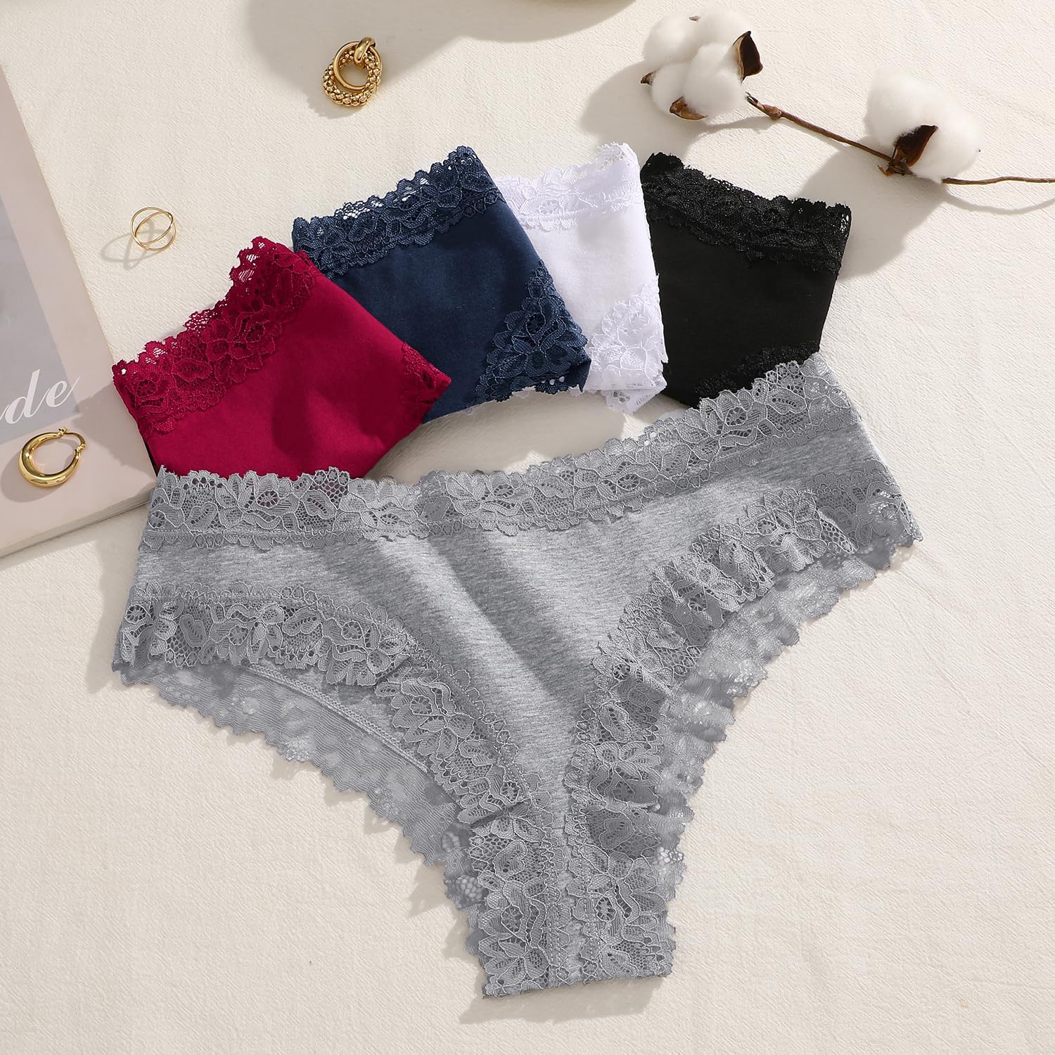 Detalle 2 de ALL OF SHE Damen-Unterhosen aus Baumwolle mit Spitze – Brazilian Slip im 5er Pack