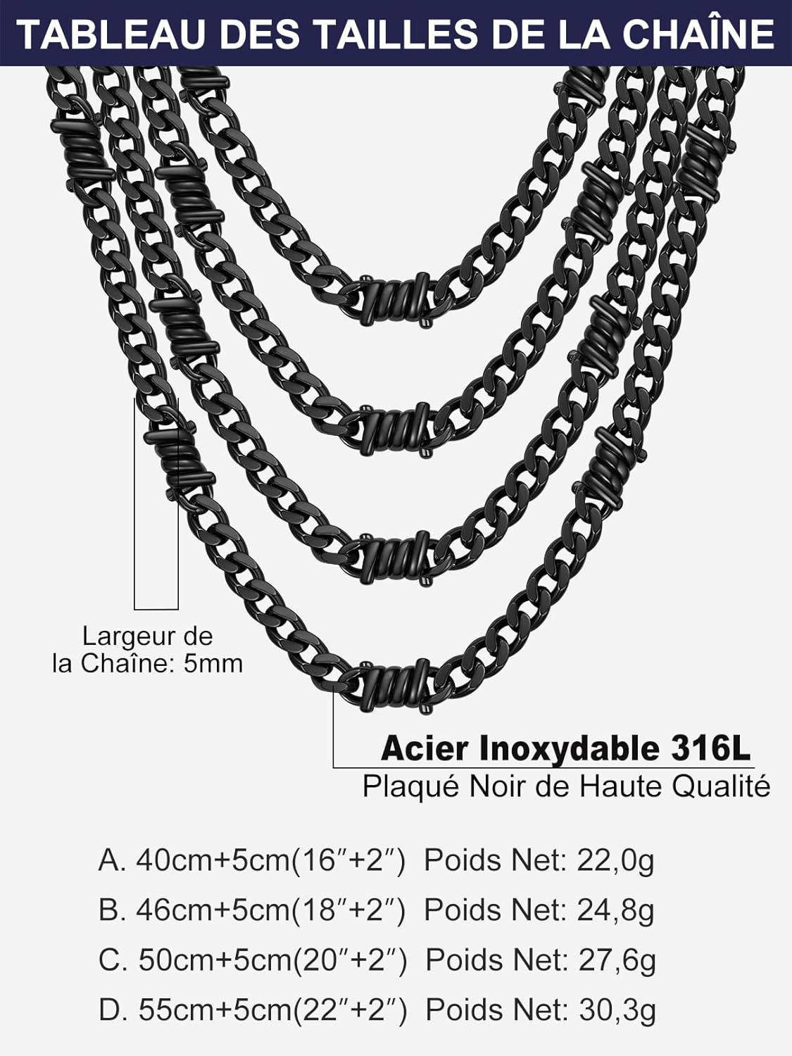 Detalle de Bandmax Chaîne Homme Acier Inoxydable Épines — Chaîne Cubaine Gothique 5 mm (40/45/50/55 cm) avec fermoir mousqueton