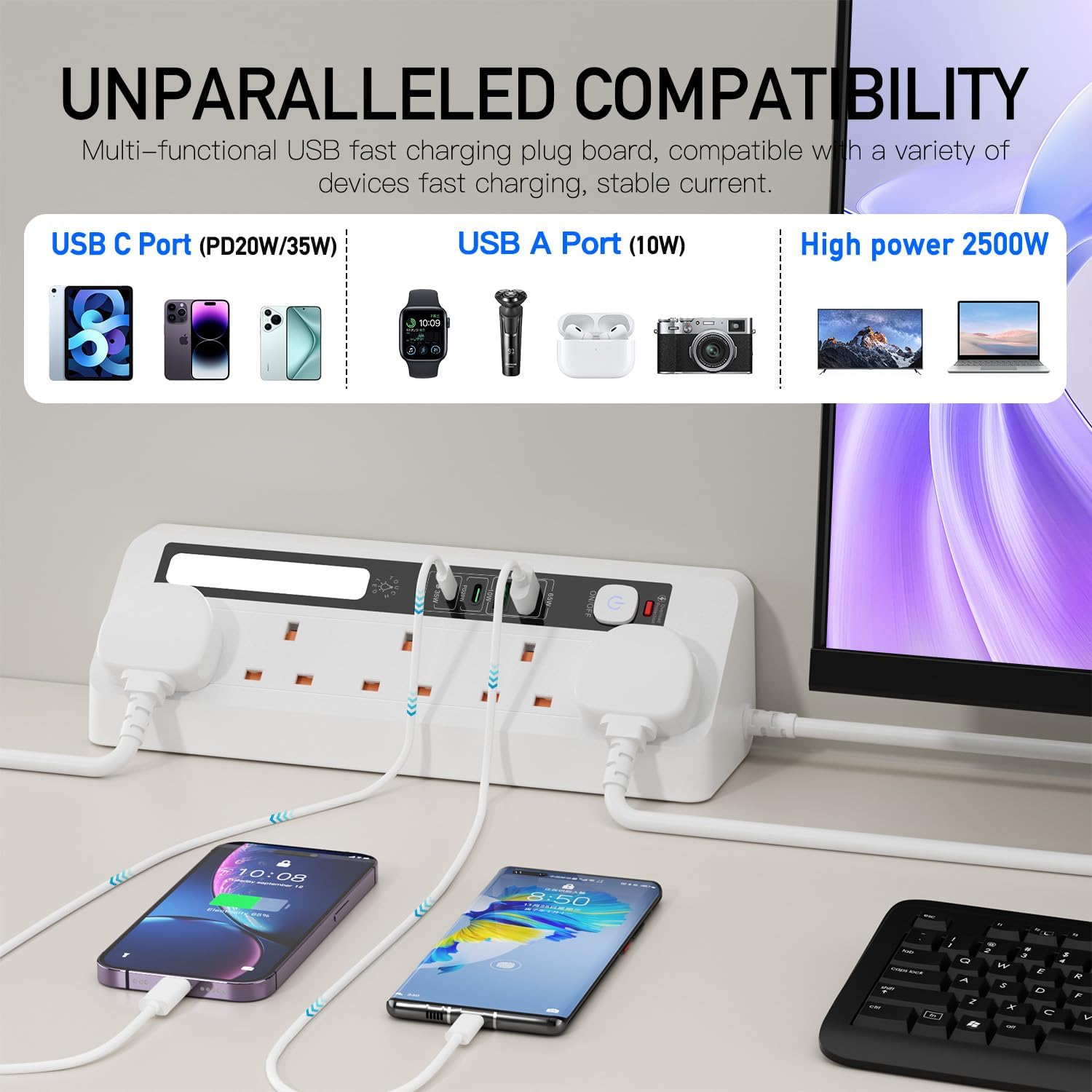 Detalle de BOCHLION 9-in-1 Desk Extension Lead with USB Slots (PD 35W + PD 20W) and Night Light, 5-Way Surge Protector, 1.8m