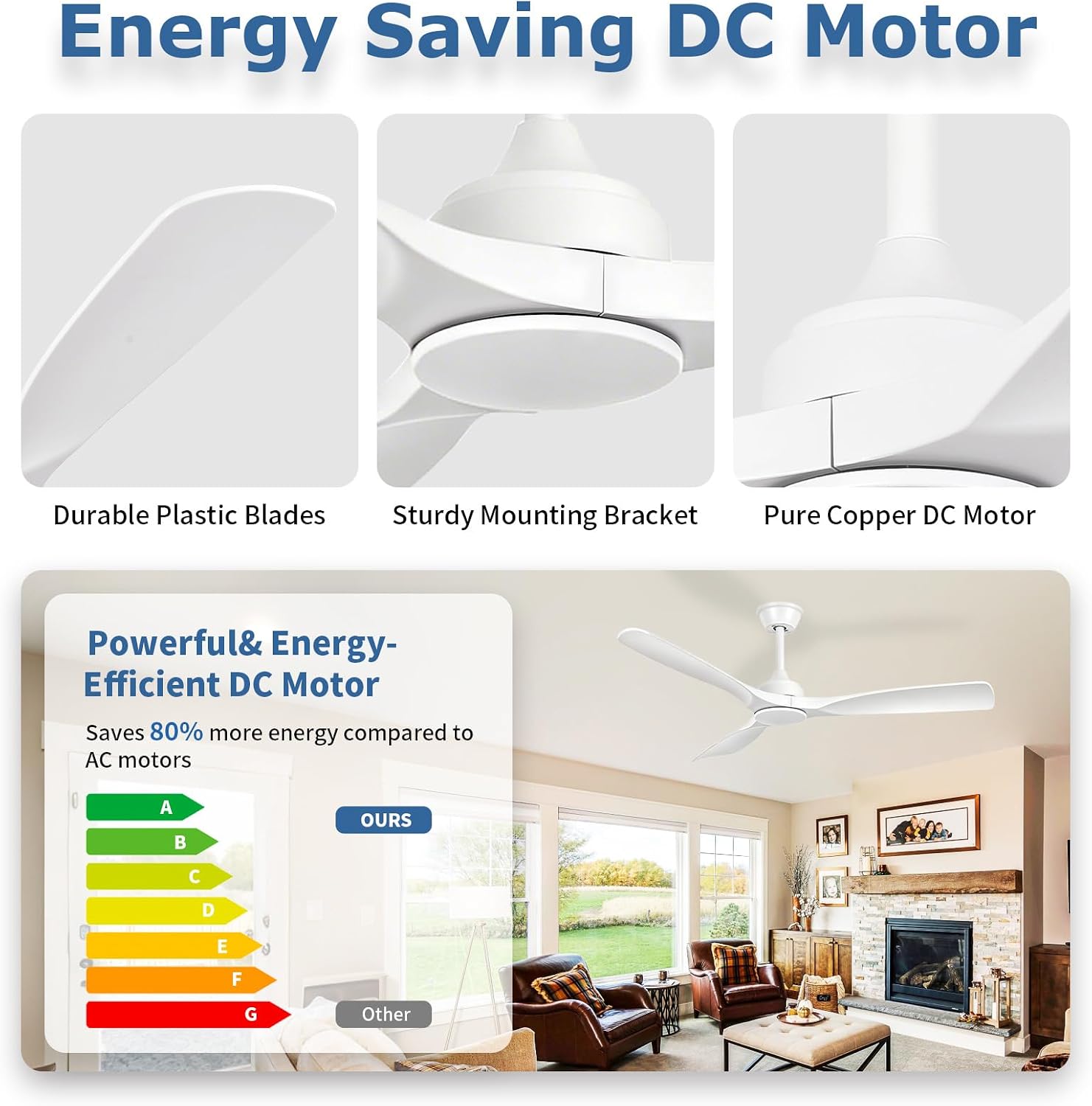 Detalle 1 de MuyuTc MY-CF02-NL52-White 52-inch Ceiling Fan, White, Remote-Controlled