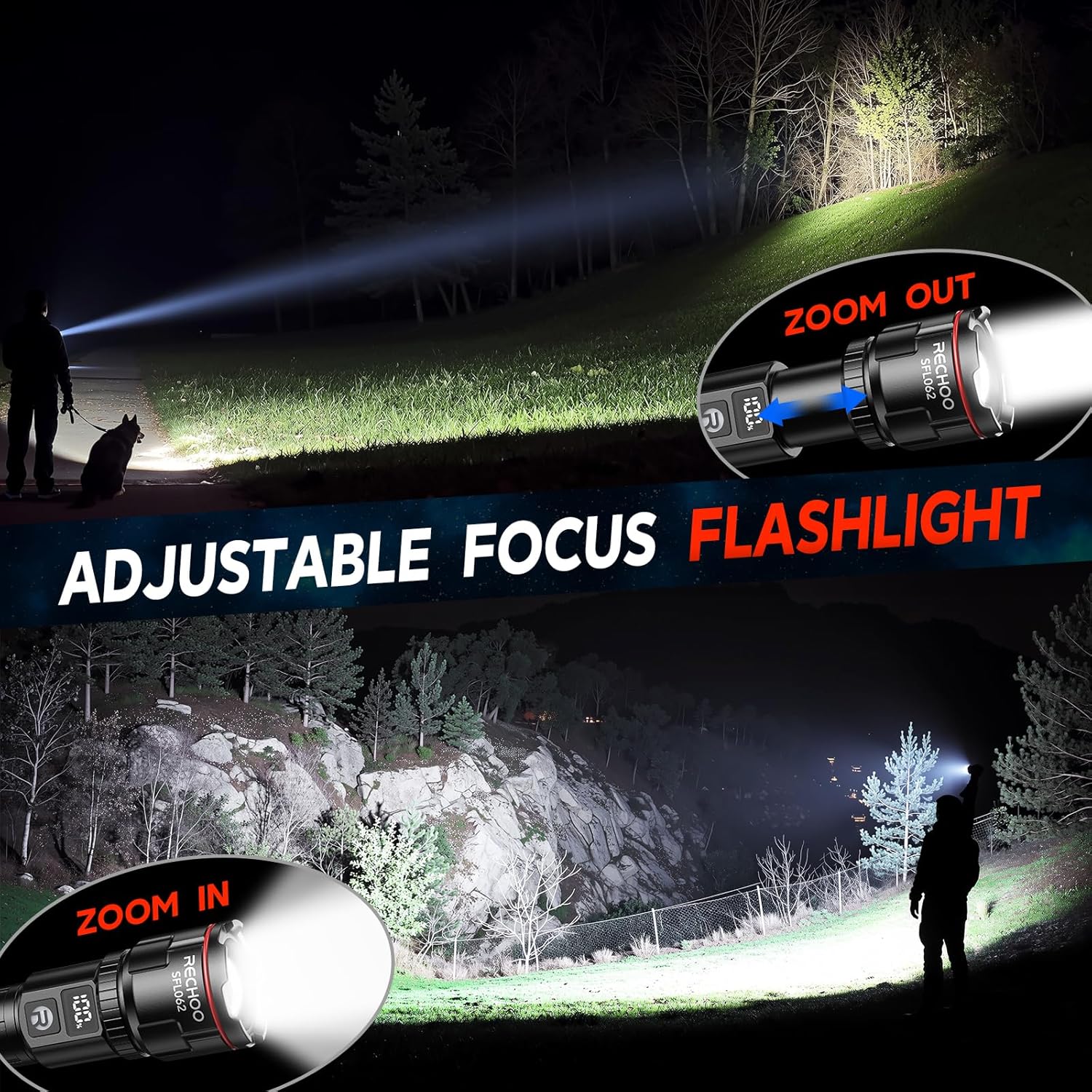 Detalle de RECHOO Rechargeable Flashlights 2 Pack: Super Bright LED Torches with LCD Display