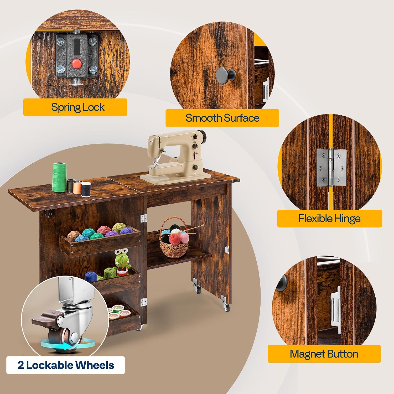 Detalle 2 de VIVOHOME VH1080-BR Folding Sewing Table with Storage, Rustic Brown