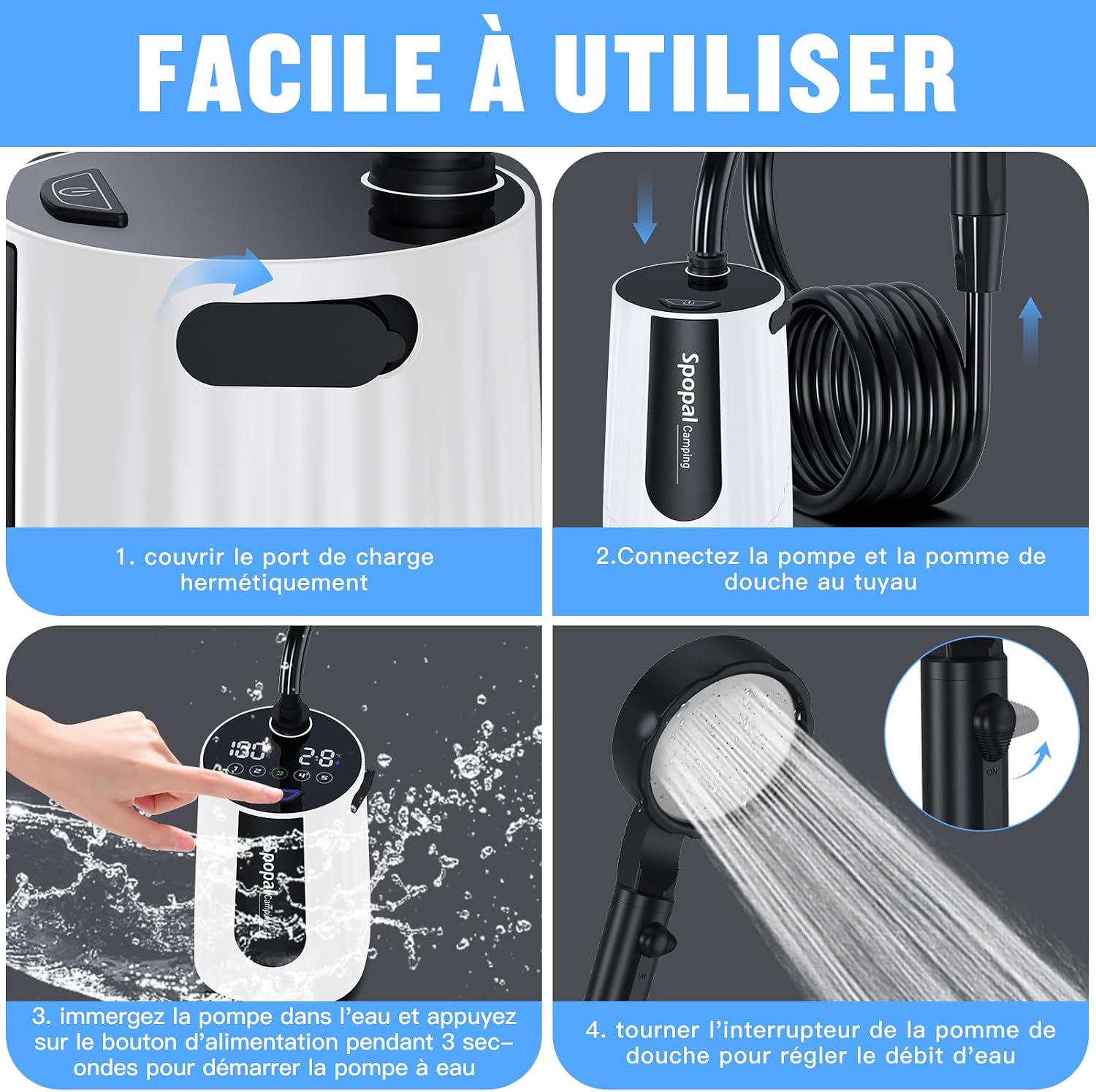 Detalle 1 de Spopal draagbare campingdouche met pomp, ledscherm en batterij van 10.000 mAh