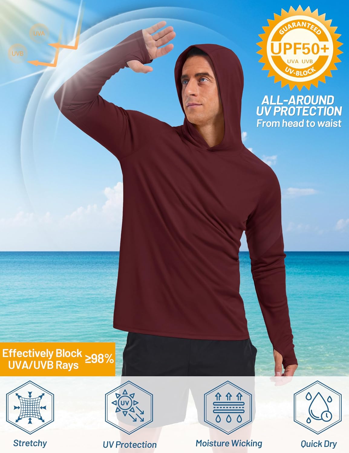 Detalle de TACVASEN men’s UPF 50+ sun protection long-sleeve hoodie rash guard
