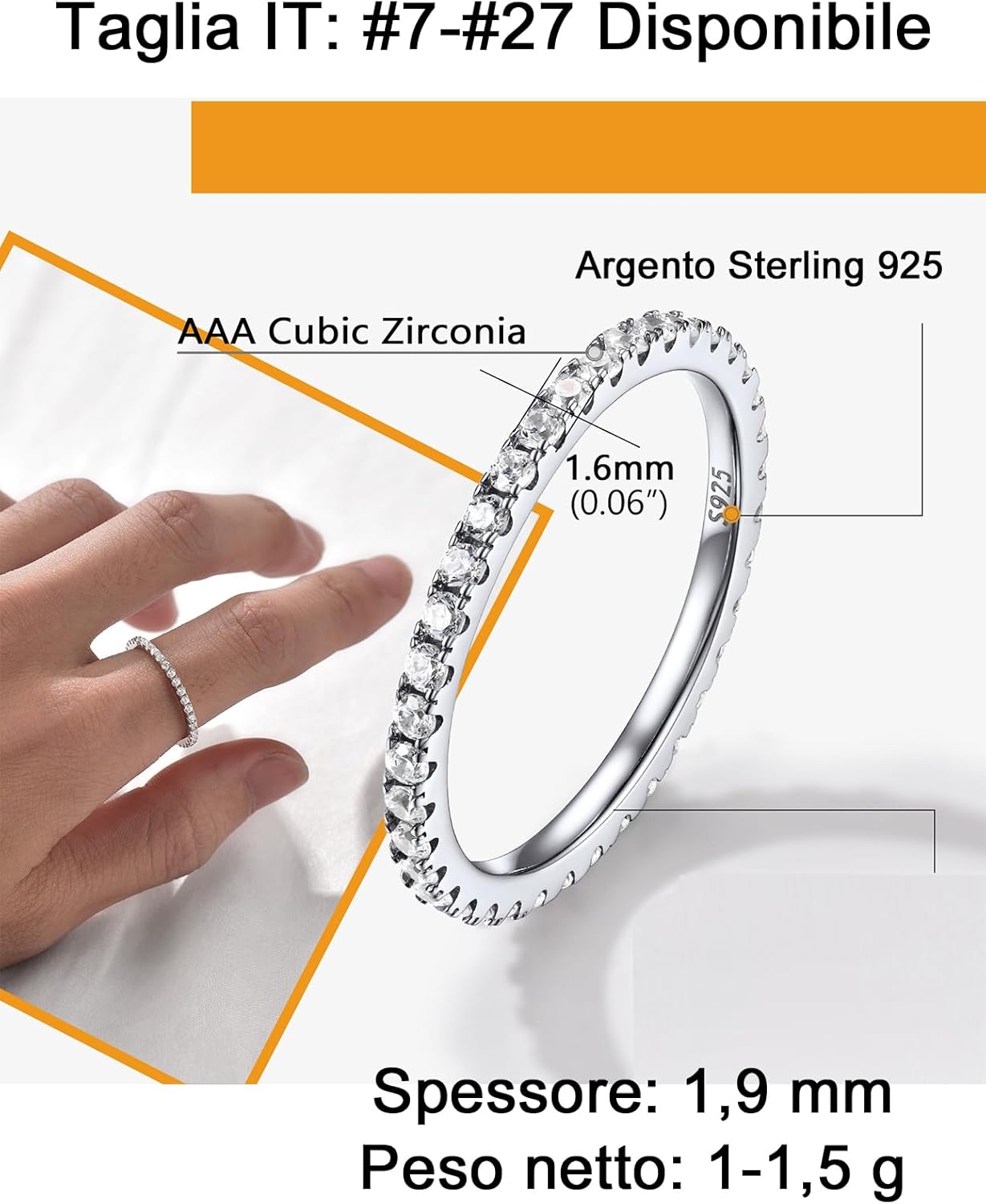 Thumbnail 4 de PROSILVER anello veretta eternity infinito in argento 925 con zirconi, stile impilabile