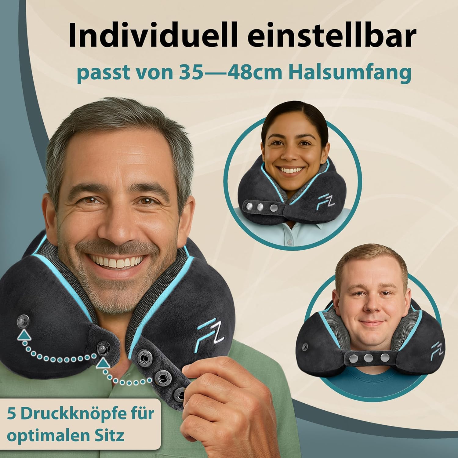 Thumbnail 1 de FLOWZOOM Comfy Nackenkissen für Flugzeug & Auto – einstellbares Memoryschaum Nackenhörnchen mit Druckknöpfen, waschbarer Bezug