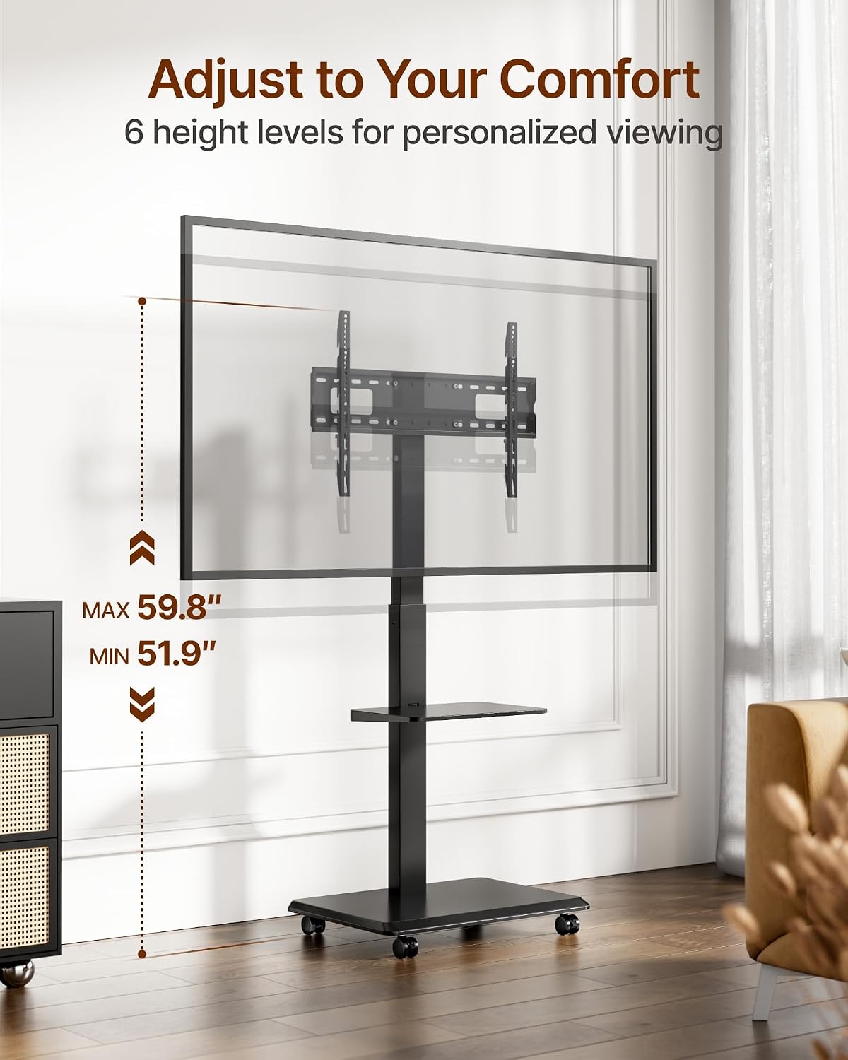 Detalle de ECOTINY TV Stand on Wheels for 37-75 inch TVs up to 50kg – robust rolling cart with hidden cable management and height adjustability