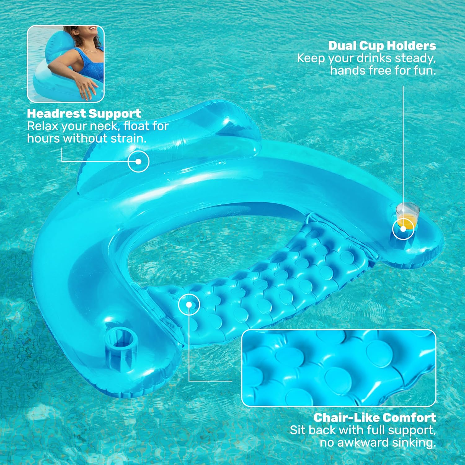 Thumbnail 3 de SLOOSH Inflatable Adult Pool Float Chair (2-Pack) with Cup Holders, X-Large