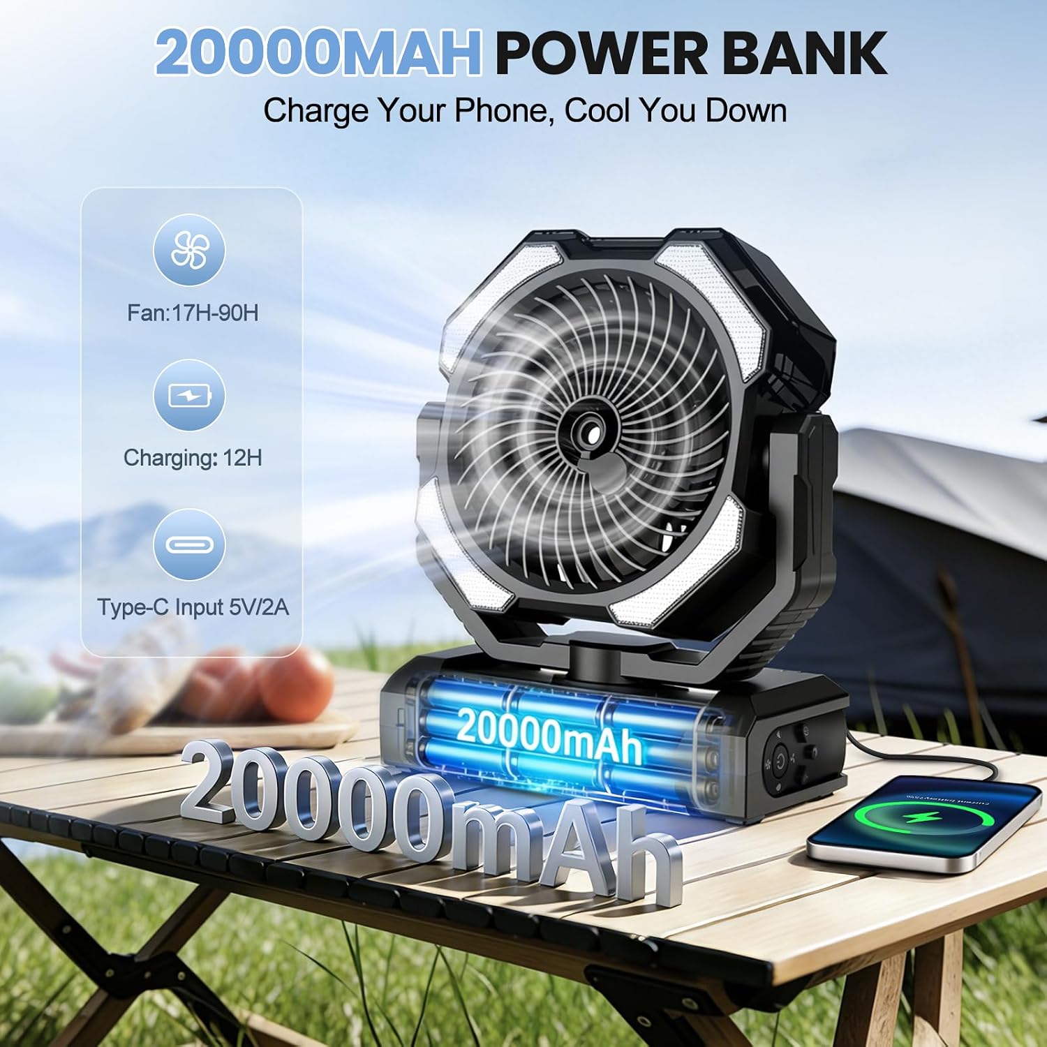 Detalle de Ateroll 20000 mAh Akku Camping Ventilator mit Sprühnebel – mobiler Ventilator für Zelt, Terrasse und Reisen