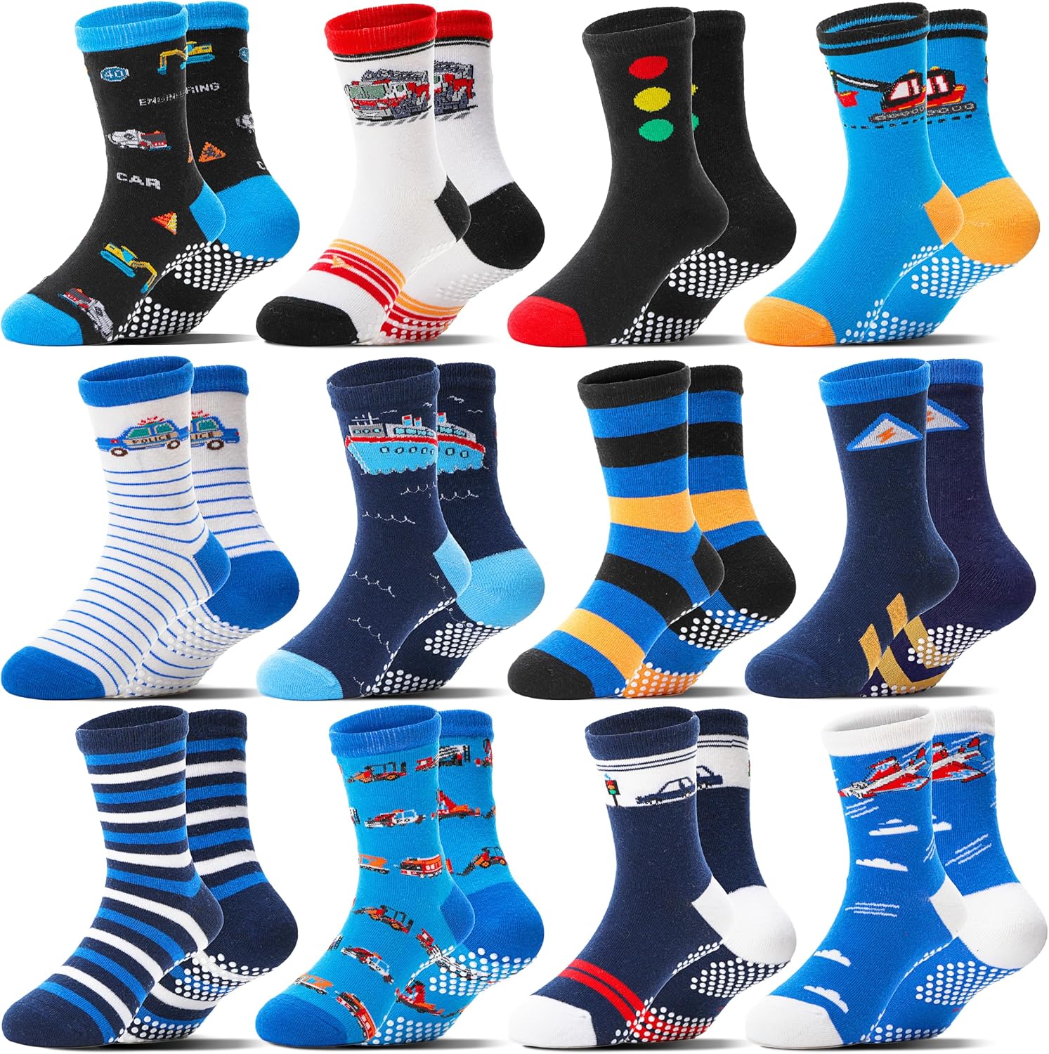 Detalle de Welwoos 12-Pair Baby Boys’ Grip Socks, Cotton Crew with Cartoon Designs