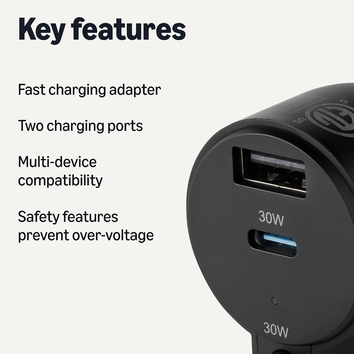 Detalle 2 de Amazon Basics Fast-Charging Car Charger 60W 🔌