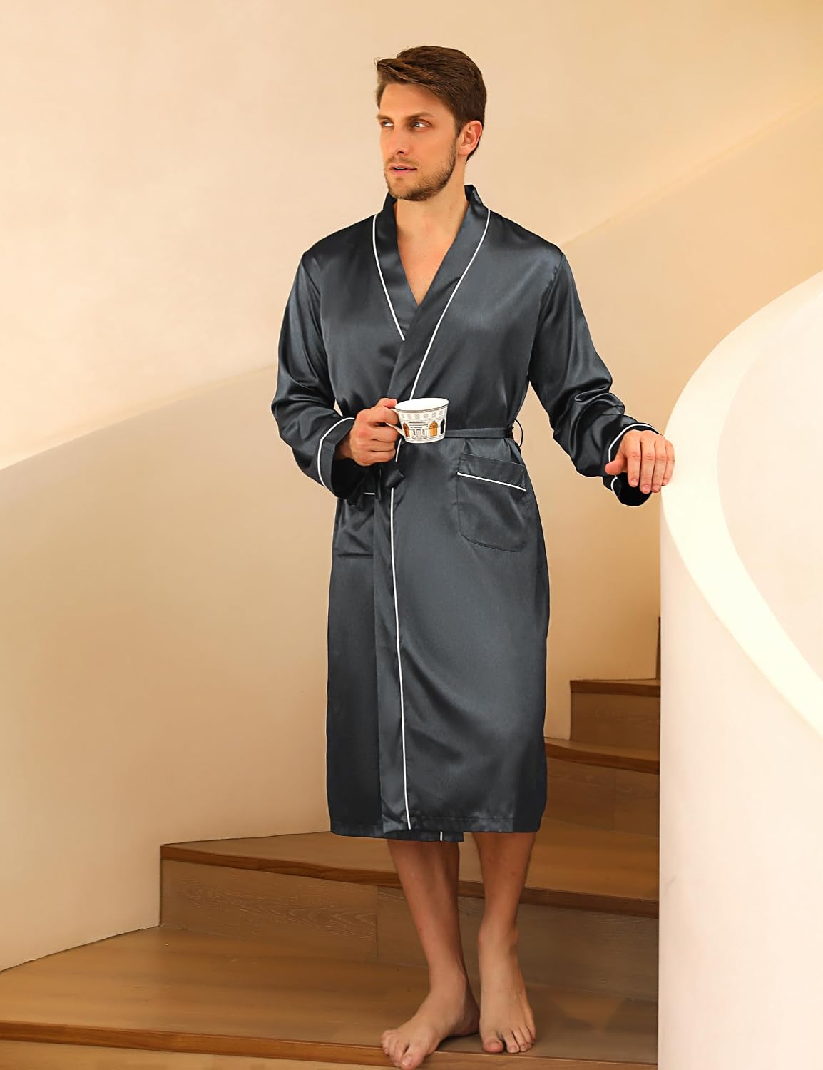 Thumbnail 2 de Bresdk Peignoir Homme Satin – Peignoir de Bain en Polyester, manches longues, couleur unie, confort léger