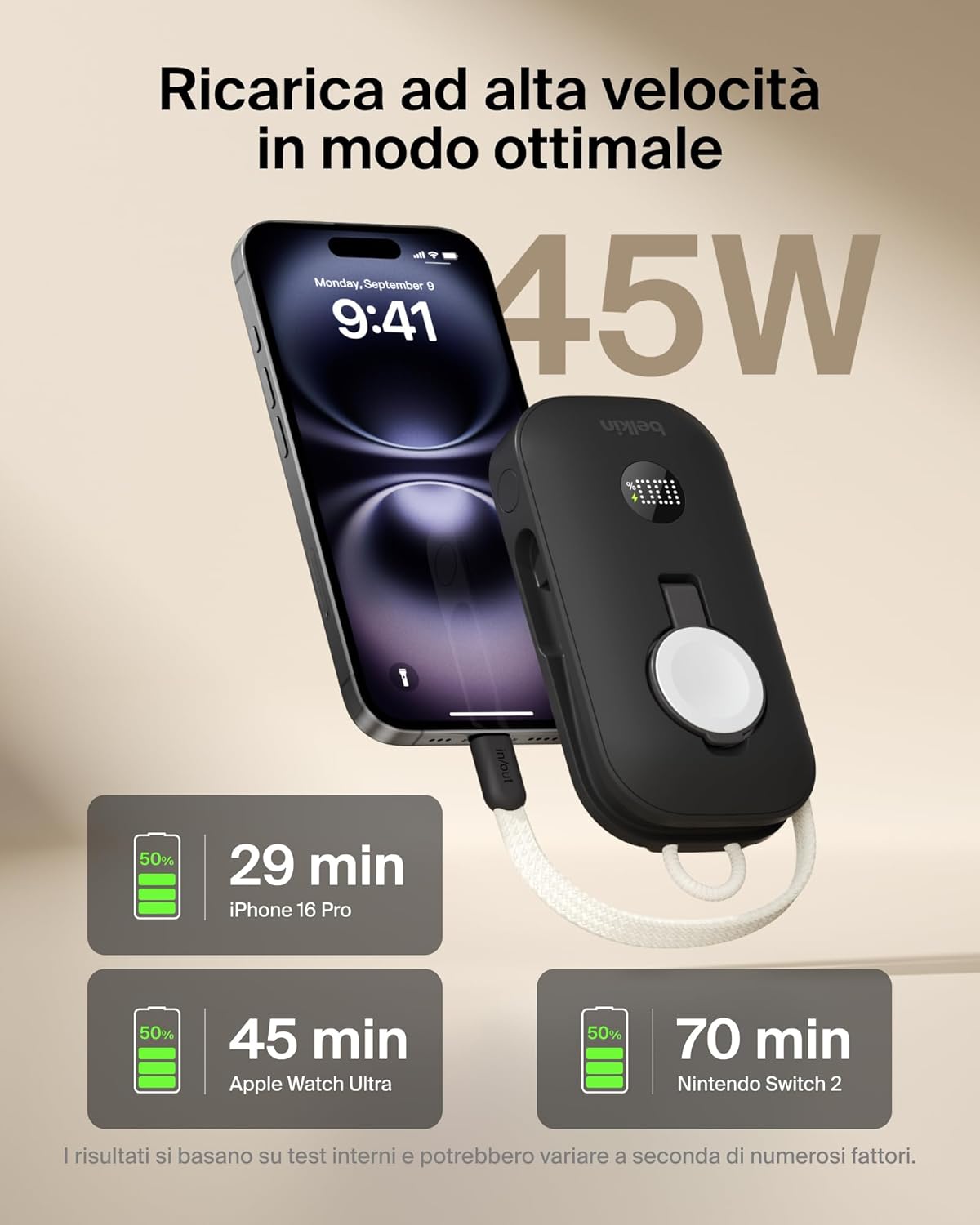 Detalle de Belkin BoostCharge Pro Power Bank 10000mAh: ricarica rapida per 3 dispositivi e supporto Apple Watch