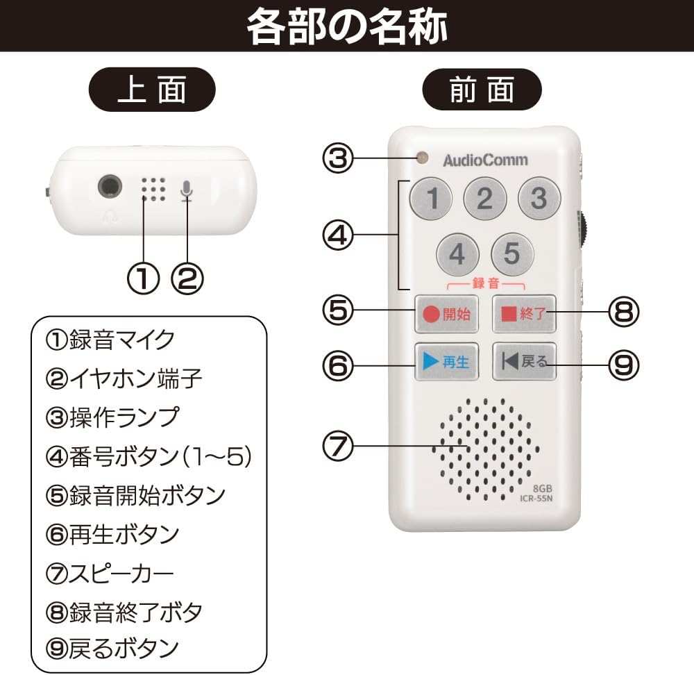 Detalle de オーム電機 AudioComm ICR-55N 簡単ICレコーダー 8GB・最大34時間録音