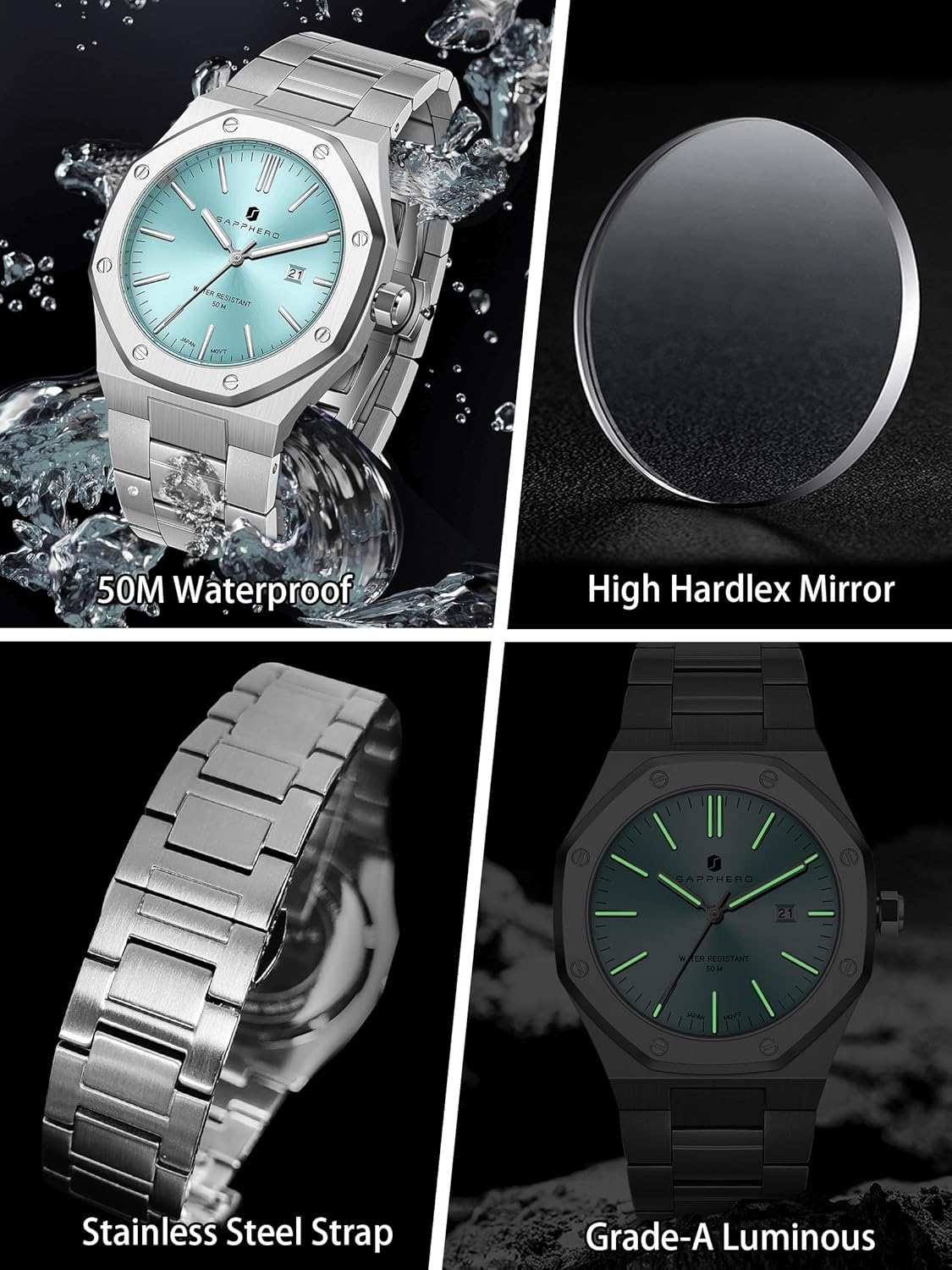 Detalle de SAPPHERO Herrenuhr SO-2110 – Edelstahl, Quarzwerk, 42 mm Gehäuse, 3 ATM Wasserdicht