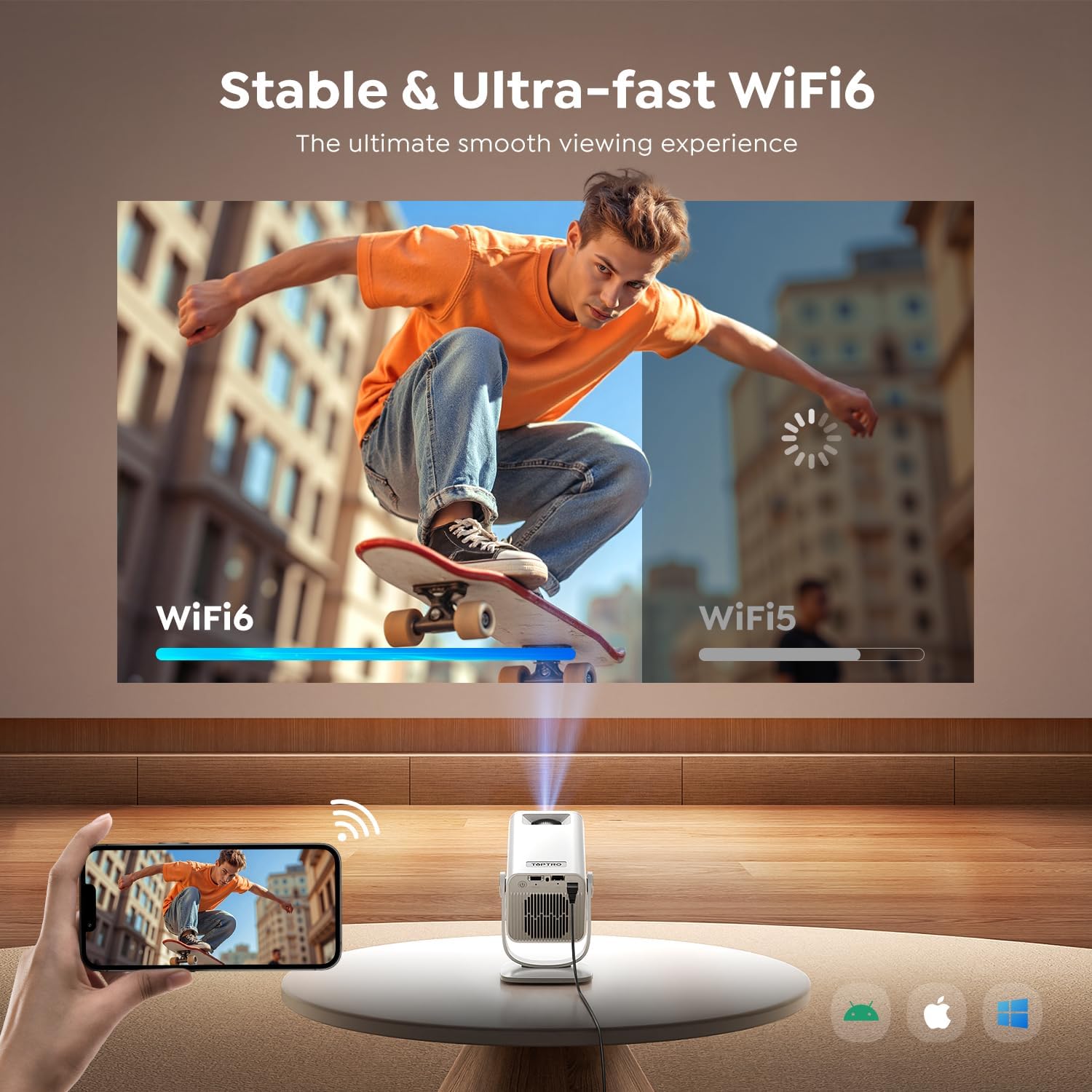 Detalle de TOPTRO Mini Portable Projector (Built-in Android 14) – Ultra Short Throw, 1080P with 4K Support