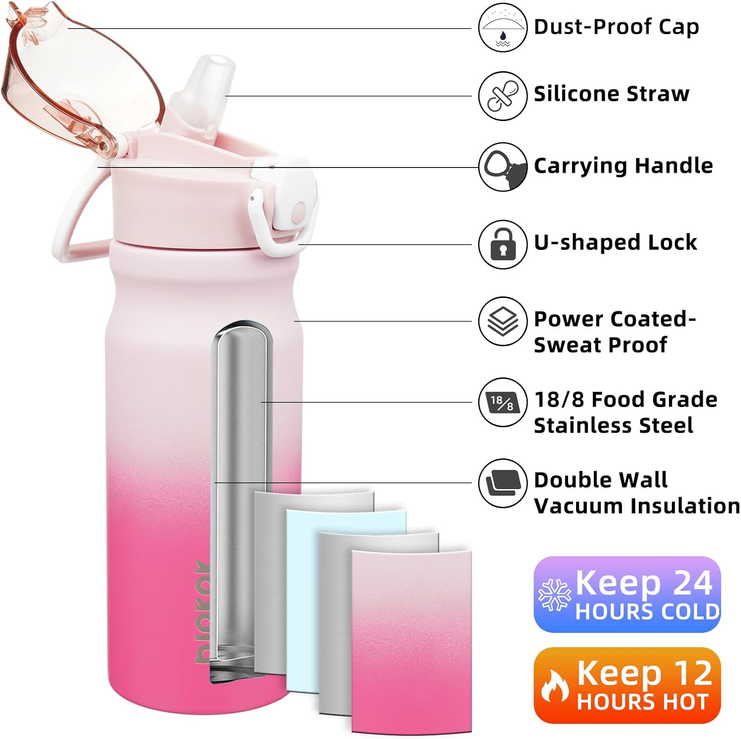 Thumbnail 1 de BJPKPK 18oz Insulated Stainless Steel Water Bottle with Straw, Double-Wall Vacuum Insulation & Leak-Proof Lockable Flip Lid (BPA-Free)