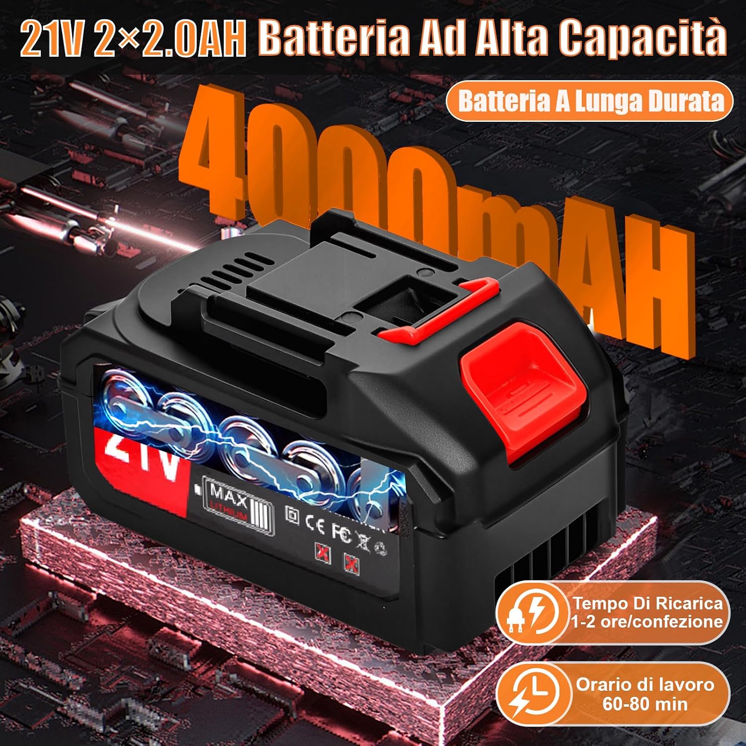Detalle 2 de Decespugliatore a Batteria 21V con Tagliaerba, 2 Batterie 2.0Ah, 4 Tipi di Lame e Ruote Rimovibili – Versatilità Senza Fili