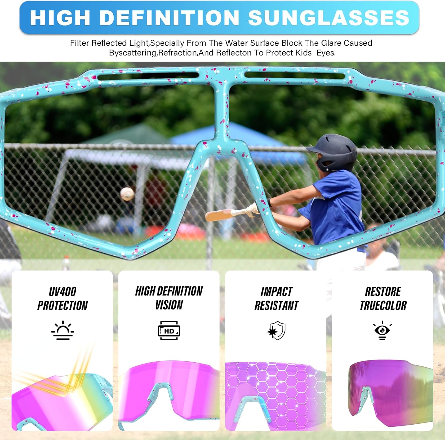 Detalle 2 de CMBJJU Kids Sports Sunglasses, UV400 Wraparound Design, Ages 6–14