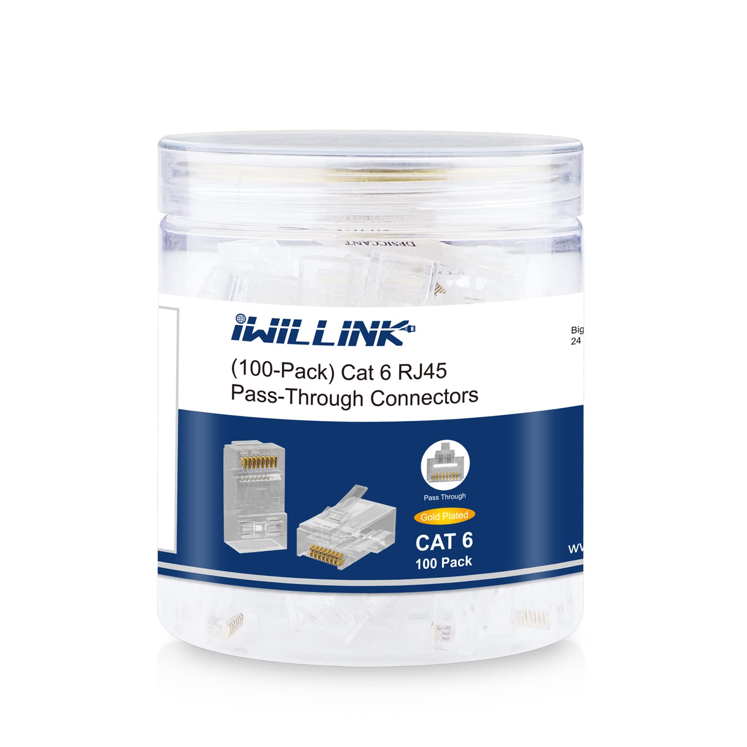 Detalle de iwillink 100-Pack RJ45 Cat6 Pass Through Connectors (Gold Plated)