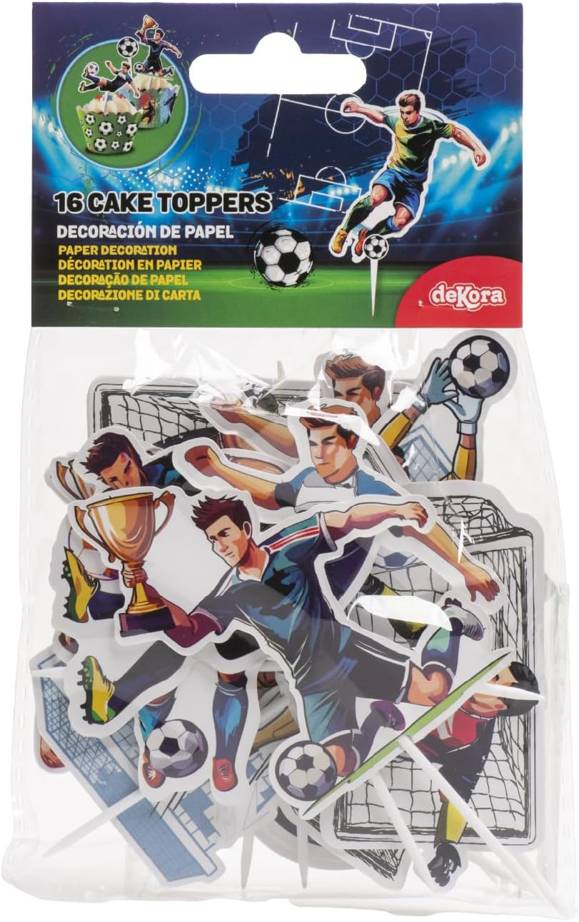 Detalle de dekora fotbollstårtdekorationer, 16 delar med 8 motiv i papper och plast