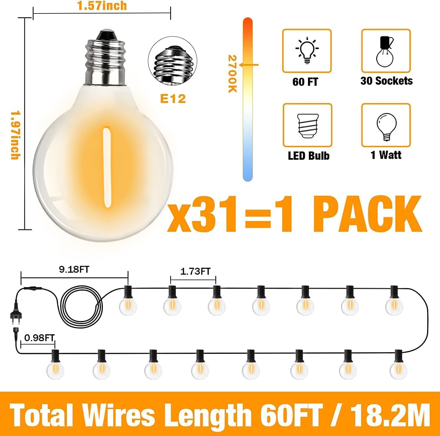 Detalle 2 de SUWIN Catena luminosa da esterno da 45 m con lampadine LED, impermeabile IP45
