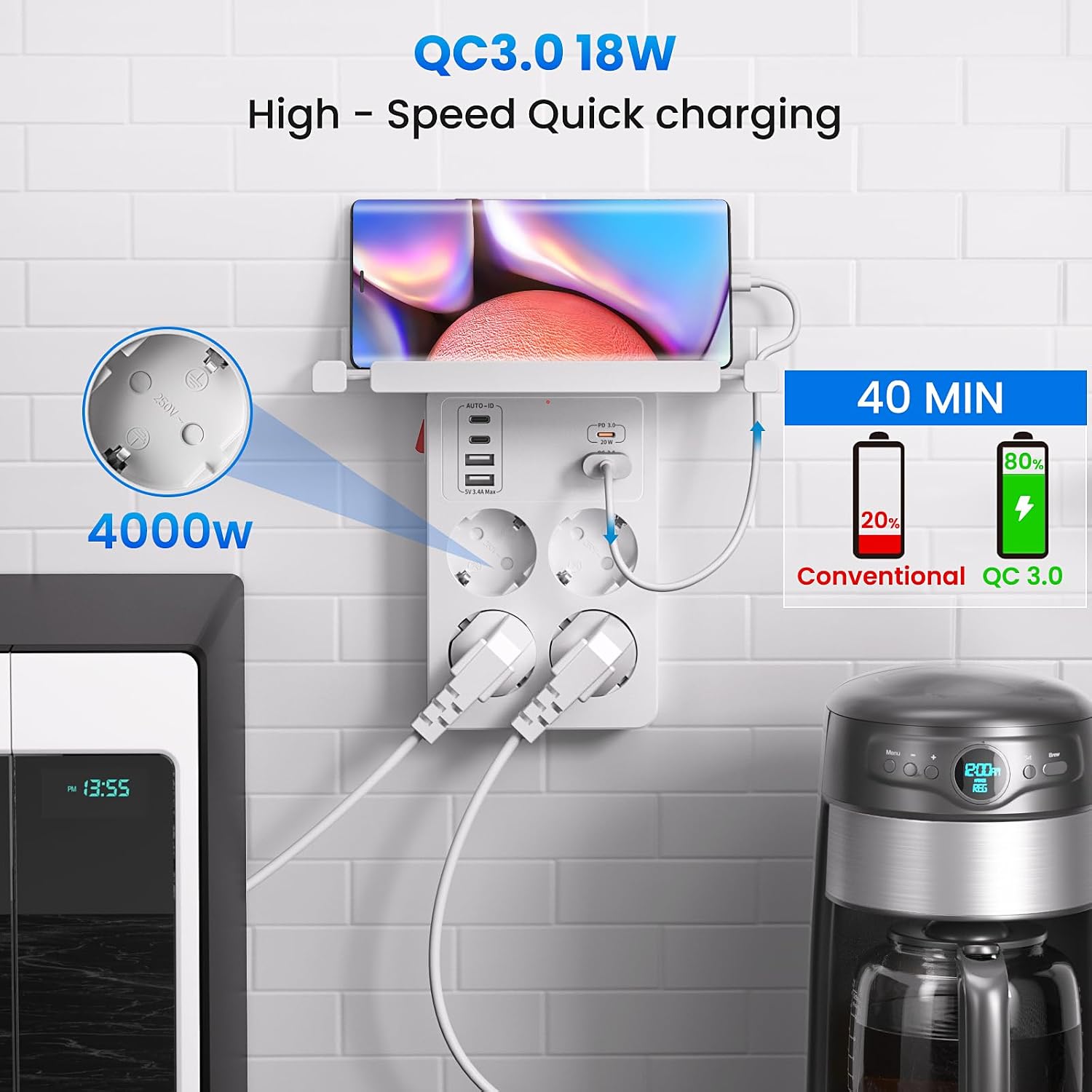 Detalle 2 de PD20W Multipresa 4 prese 6 USB con ripiano