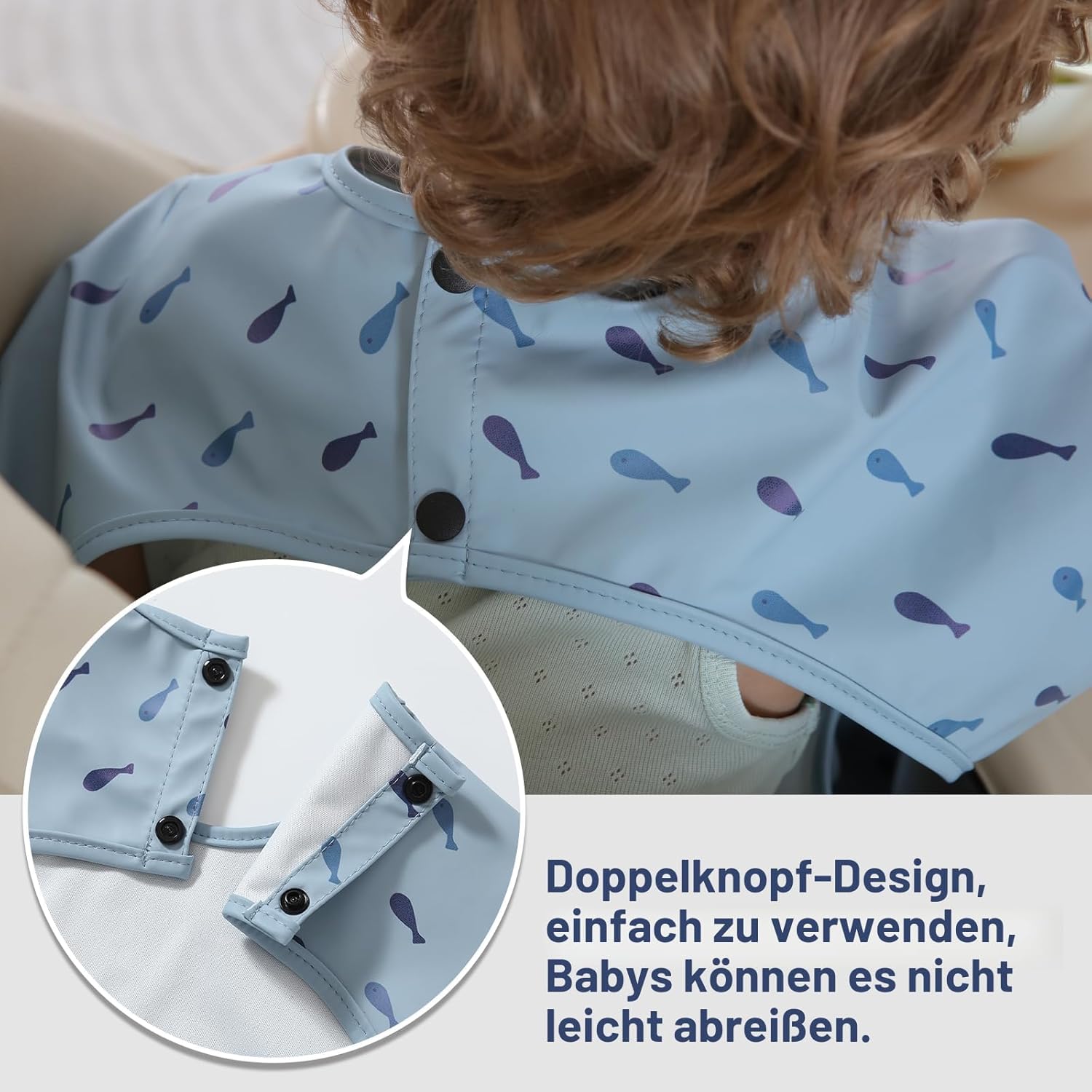 Detalle de Yiupea Lätzchen mit Ärmeln „Mess Proof“ (Baby Led Weaning), wasserdicht & maschinenwaschbar – Blau, 6–24 Monate