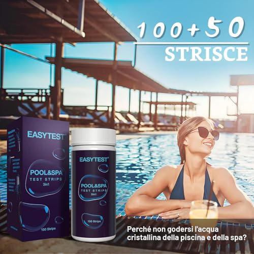 Detalle 2 de EASYTEST 3 in 1 Strisce Reattive Piscina e Spa – Kit da 150 Strisce per pH, Alcalinità Totale, Cloro e Bromo