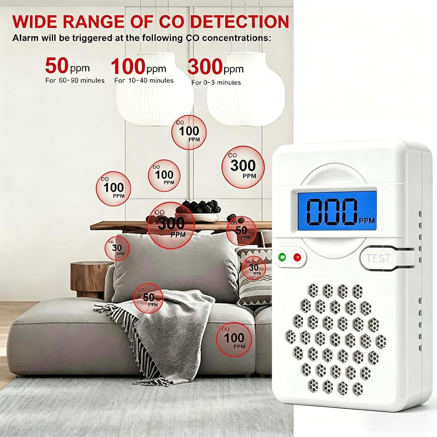 Detalle de Carbon Monoxide Alarm Detectors with Digital Display and Replaceable Battery – 85dB Portable CO Alarm for Home, Garage, Office, or RV