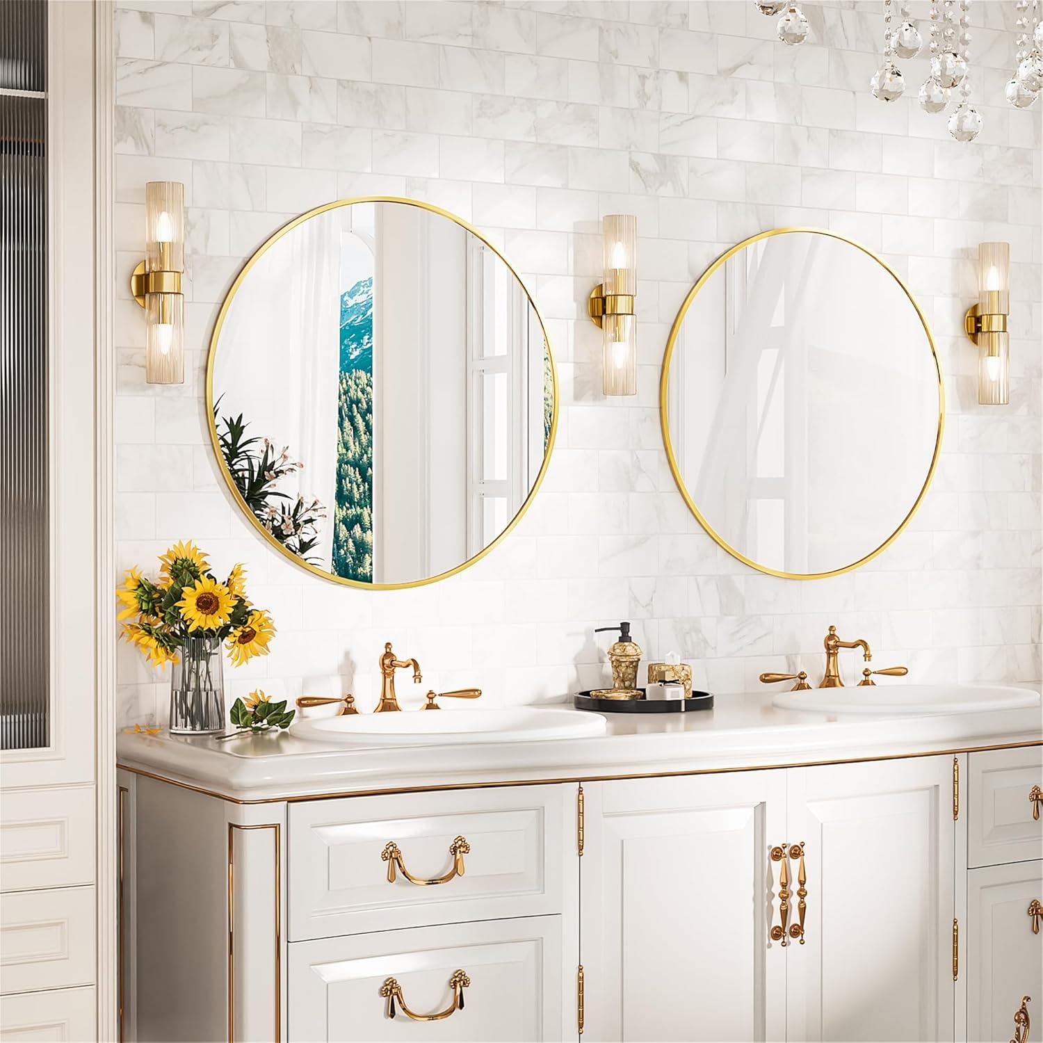 Detalle de Antok Spiegel Rund 62 cm in Gold – dekorativer Wandspiegel mit Aluminiumrahmen für Bad, Flur & Wohnzimmer