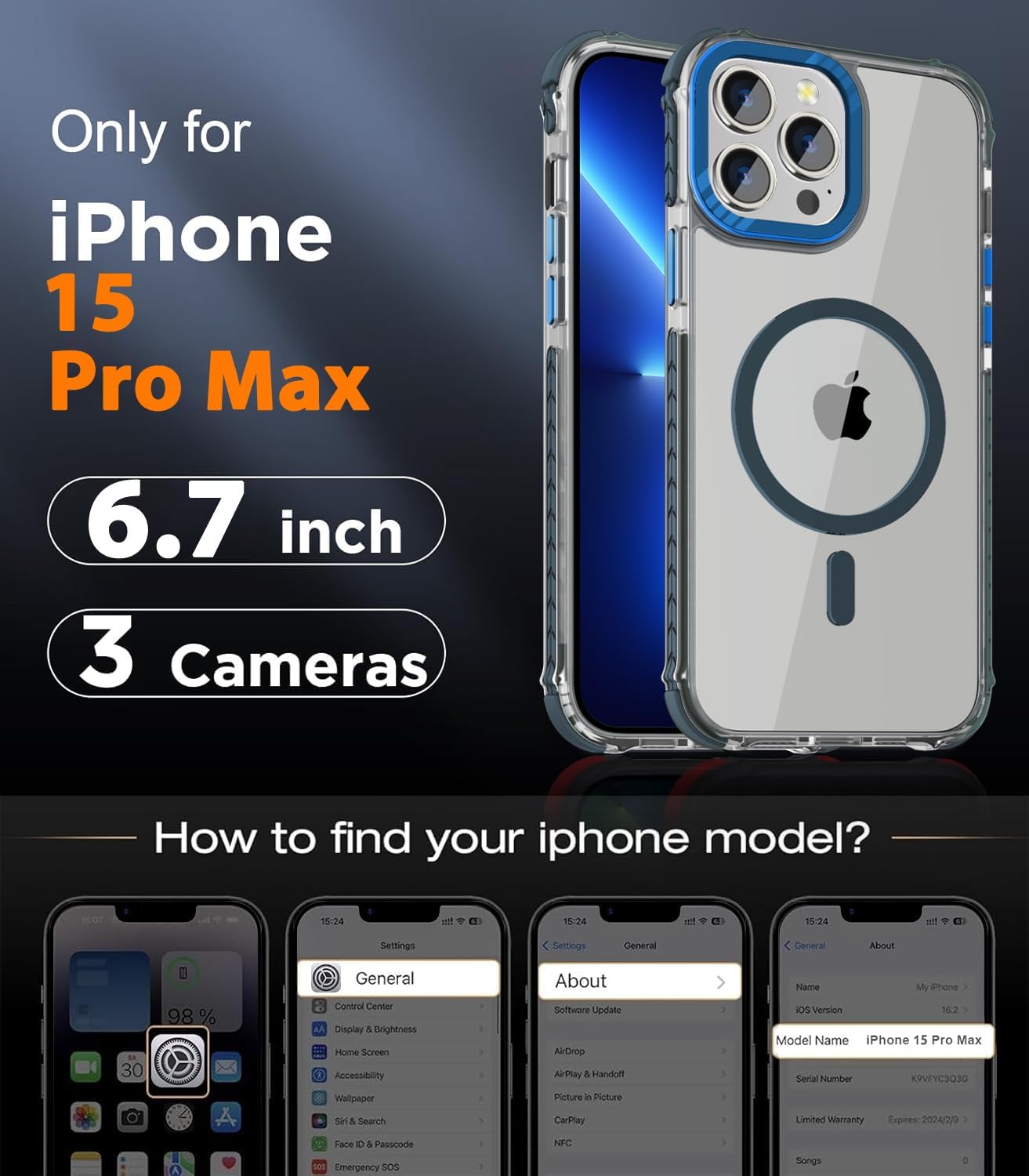 Detalle 2 de DEERLAMN Strong Magnetic Case for iPhone 15 Pro Max 6.7" — Clear Slim Shockproof Cover with Military-Grade Drop Protection