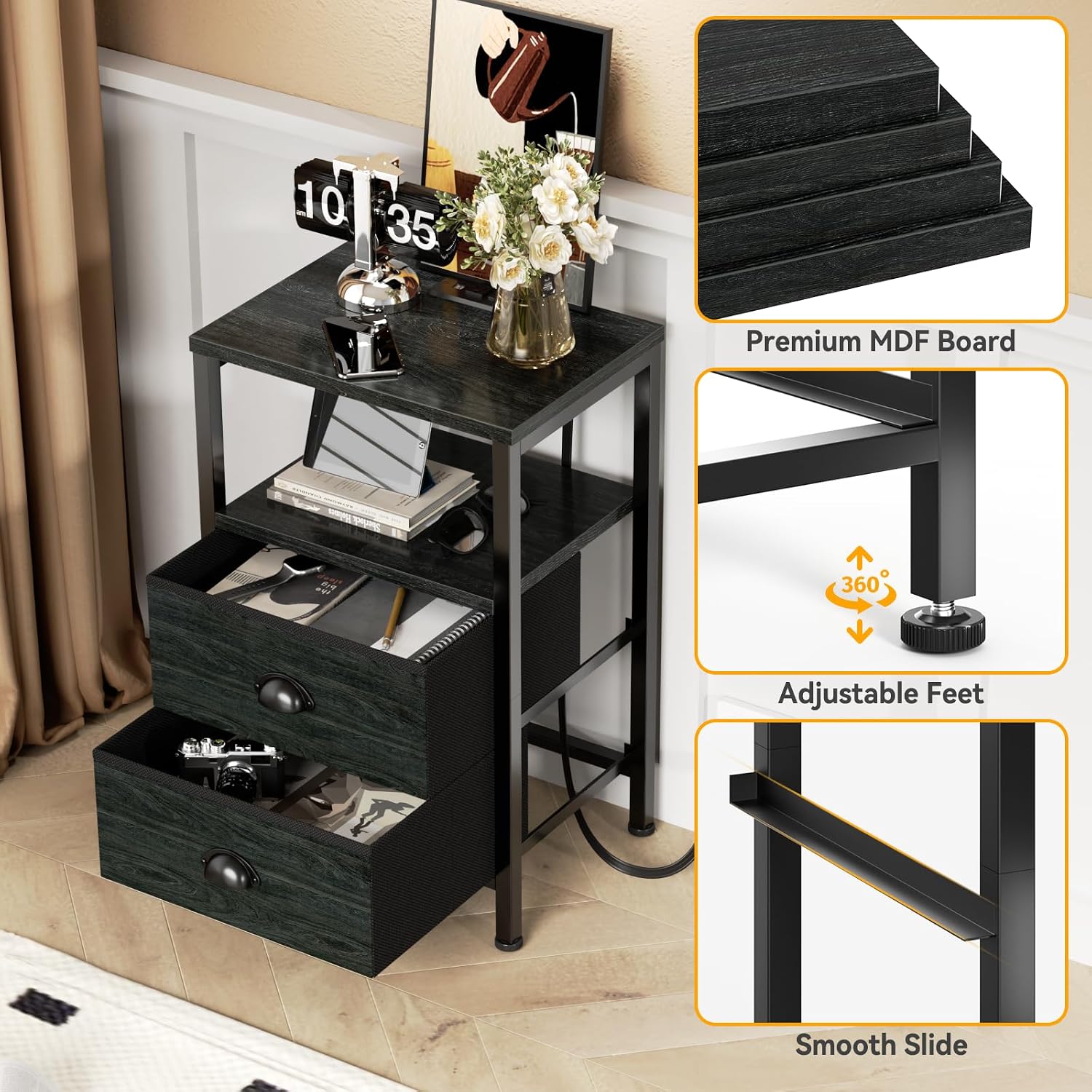 Thumbnail 5 de Furologee Nightstands Set of 2 with Charging Station, LED Lights, and Fabric Drawers — Black Oak